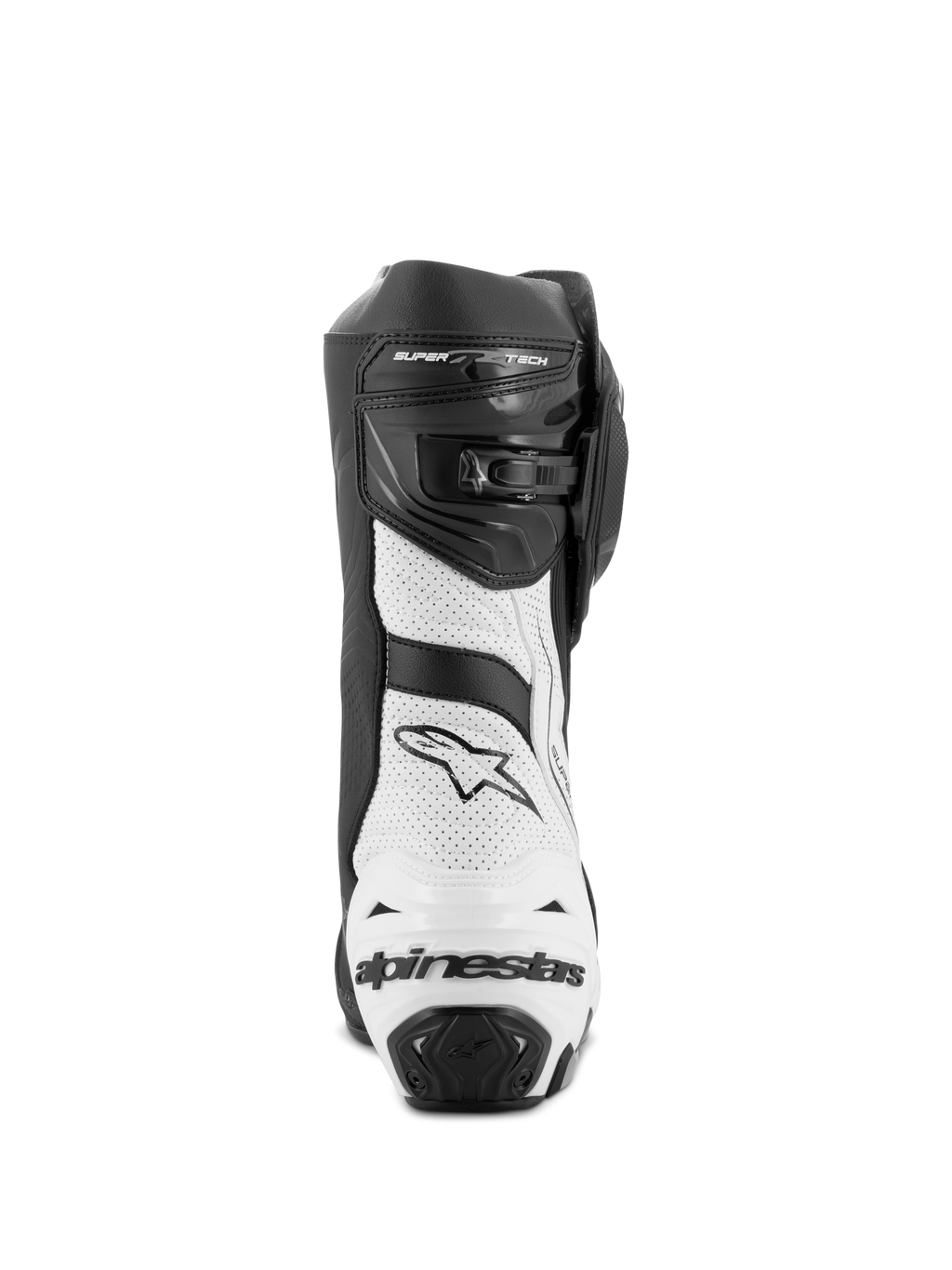 Bottes Alpinestars Supertech R Ventilées, bottes de course moto, noir et blanc, vue arrière montrant des panneaux en microfibre perforée blanche, une protection de talon en TPU noir avec le logo Alpinestars et un système de fermeture réglable