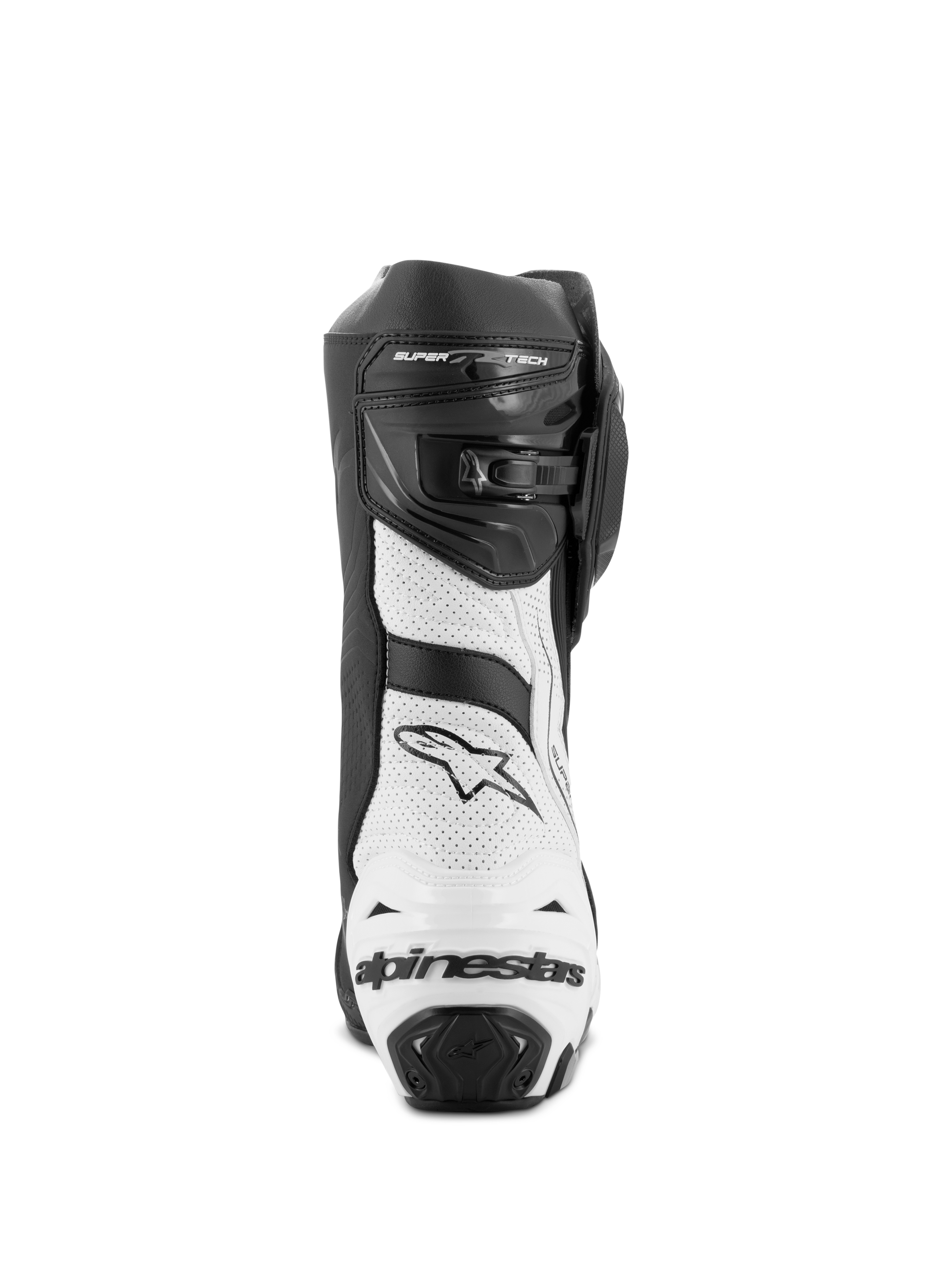 Bottes Alpinestars Supertech R Ventilées, bottes de course moto, noir et blanc, vue arrière montrant des panneaux en microfibre perforée blanche, une protection de talon en TPU noir avec le logo Alpinestars et un système de fermeture réglable