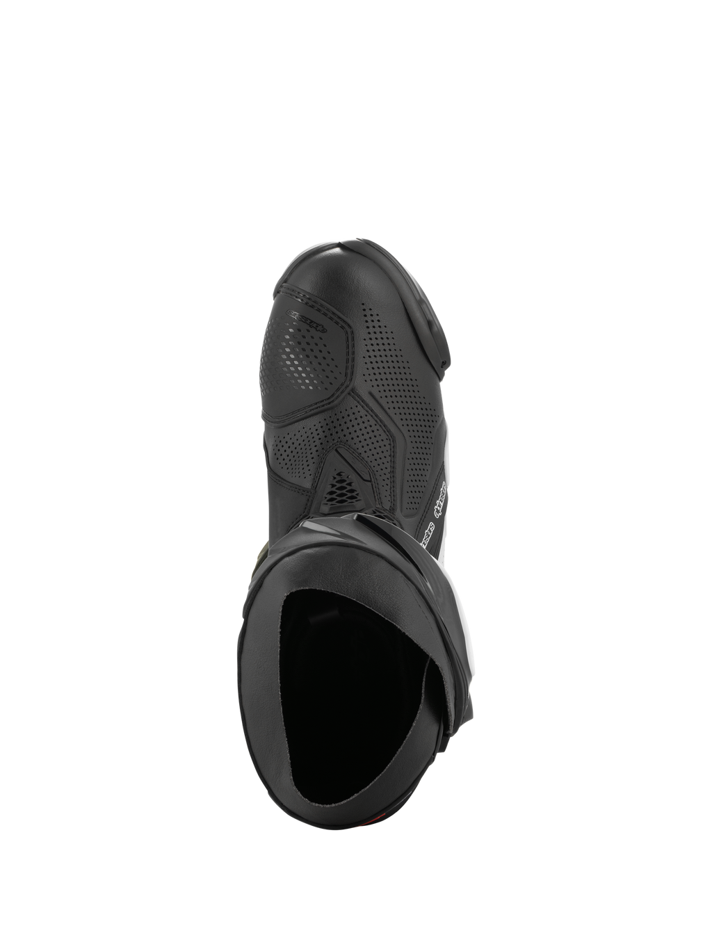 Bottes Alpinestars Supertech R Vented, noir et blanc, vue de dessus mettant en évidence le châssis perforé pour la circulation de l'air, la protection de sélecteur en TPU et l'ouverture ergonomique, botte de moto de course professionnelle.