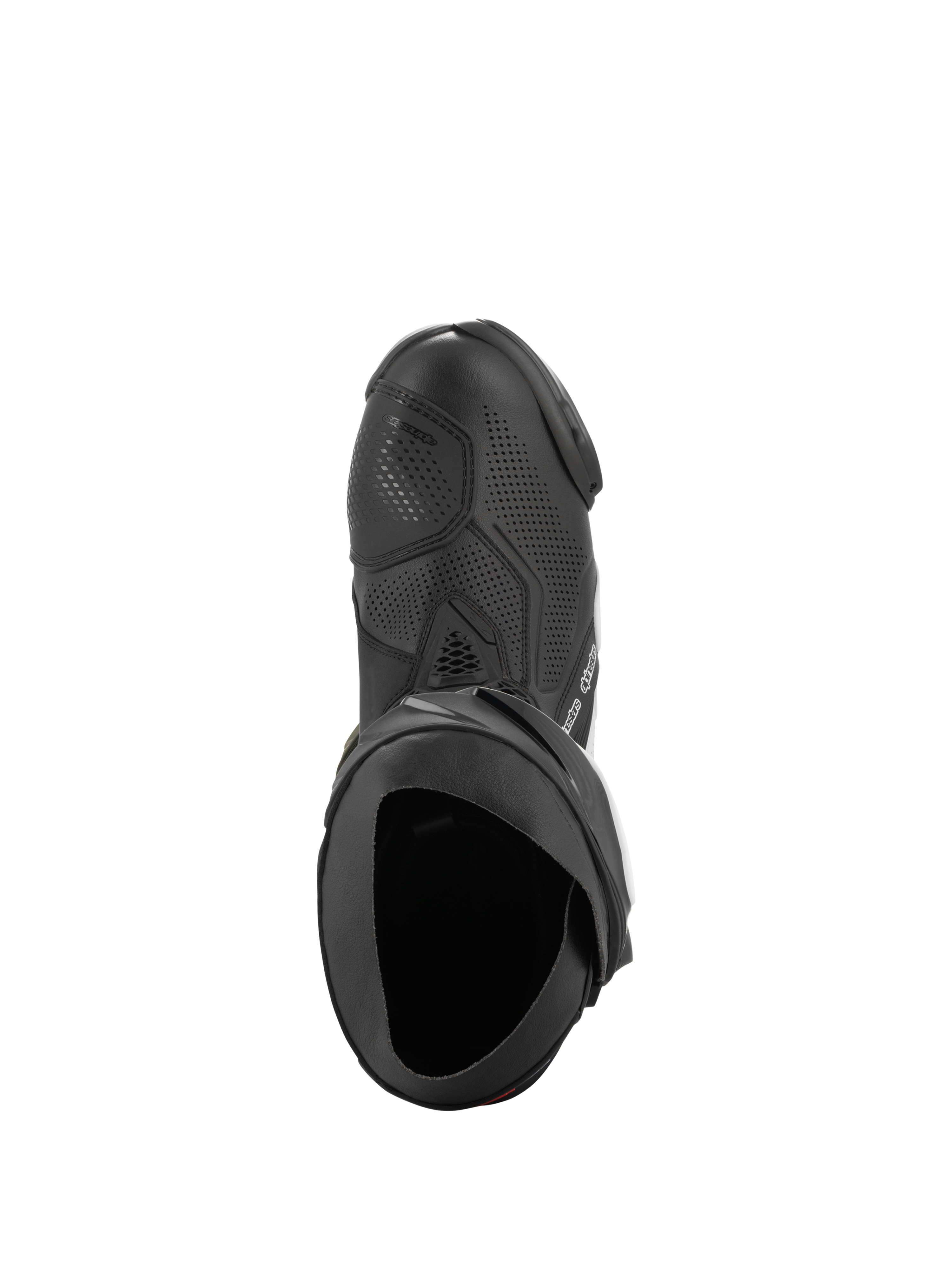 Bottes Alpinestars Supertech R Vented, noir et blanc, vue de dessus mettant en évidence le châssis perforé pour la circulation de l'air, la protection de sélecteur en TPU et l'ouverture ergonomique, botte de moto de course professionnelle.