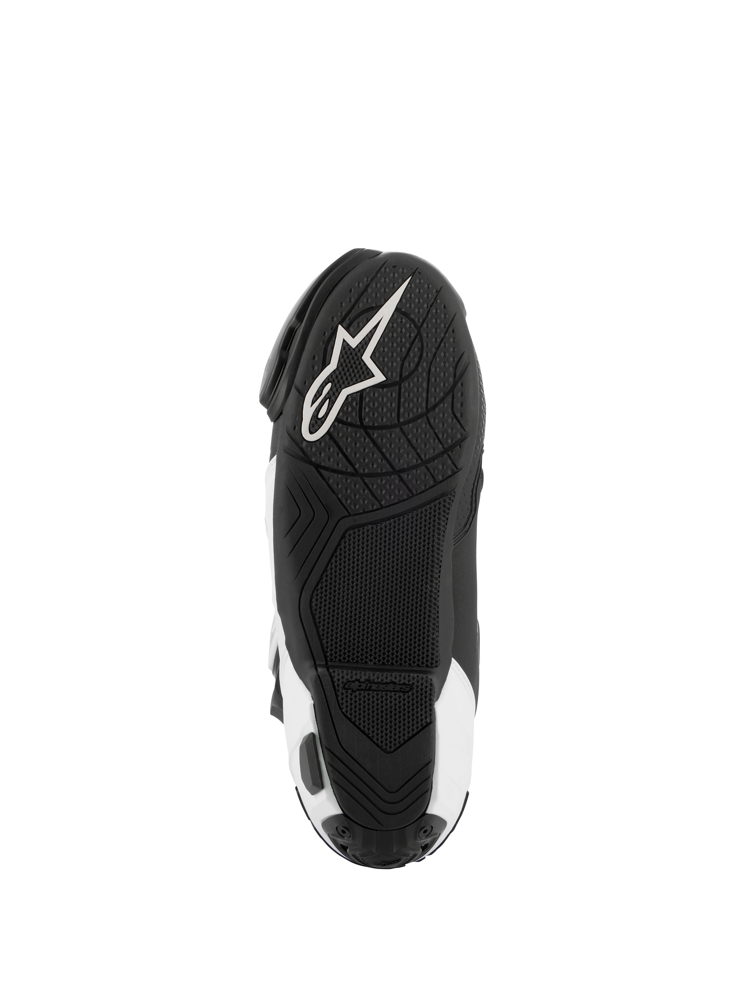 Bottes Alpinestars Supertech R Vented, bottes de course moto, noir et blanc, vue de dessous de la semelle présentant un grip en caoutchouc texturé et le logo Alpinestars blanc