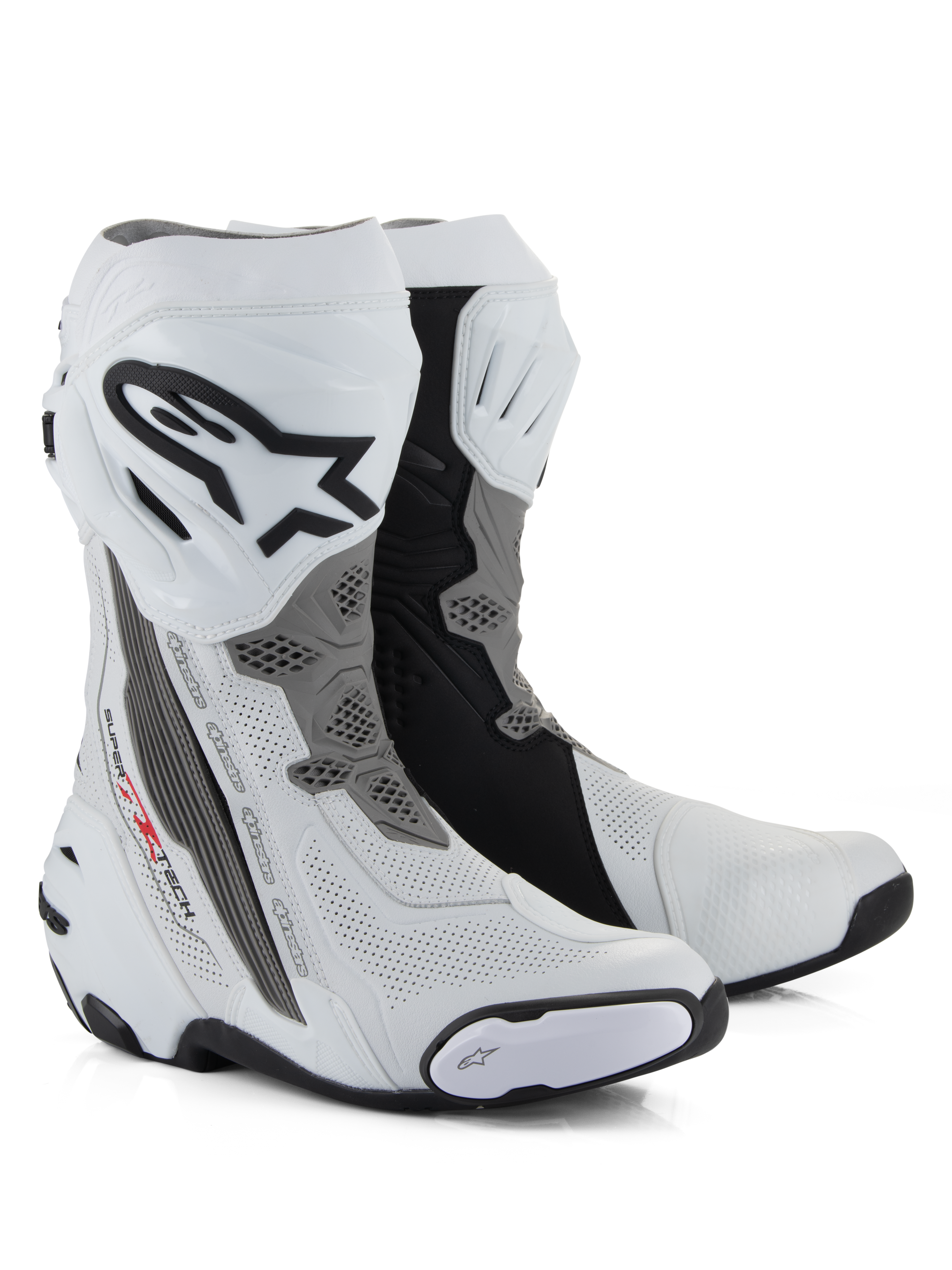 Bottes Alpinestars Supertech R Vented, bottes de moto de course, blanc, gris moyen et noir, dotées d'une construction en microfibre perforée pour la circulation de l'air, plaque de tibia en TPU avec logo Alpinestars et sliders remplaçables, design professionnel pour la piste