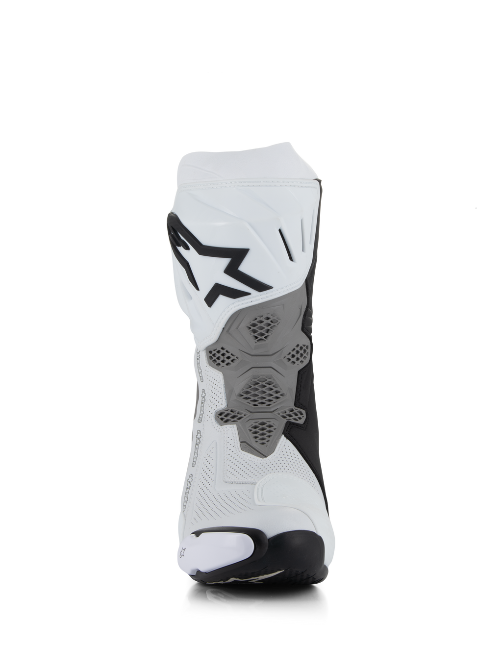Bottes Alpinestars Supertech R Vented, blanc, gris moyen et noir, vue arrière montrant la construction en microfibre perforée, plaque de talon grise redessinée avec texture en nid d'abeille, logo noir imposant sur le haut du mollet, chaussures de moto professionnelles de course et de sport