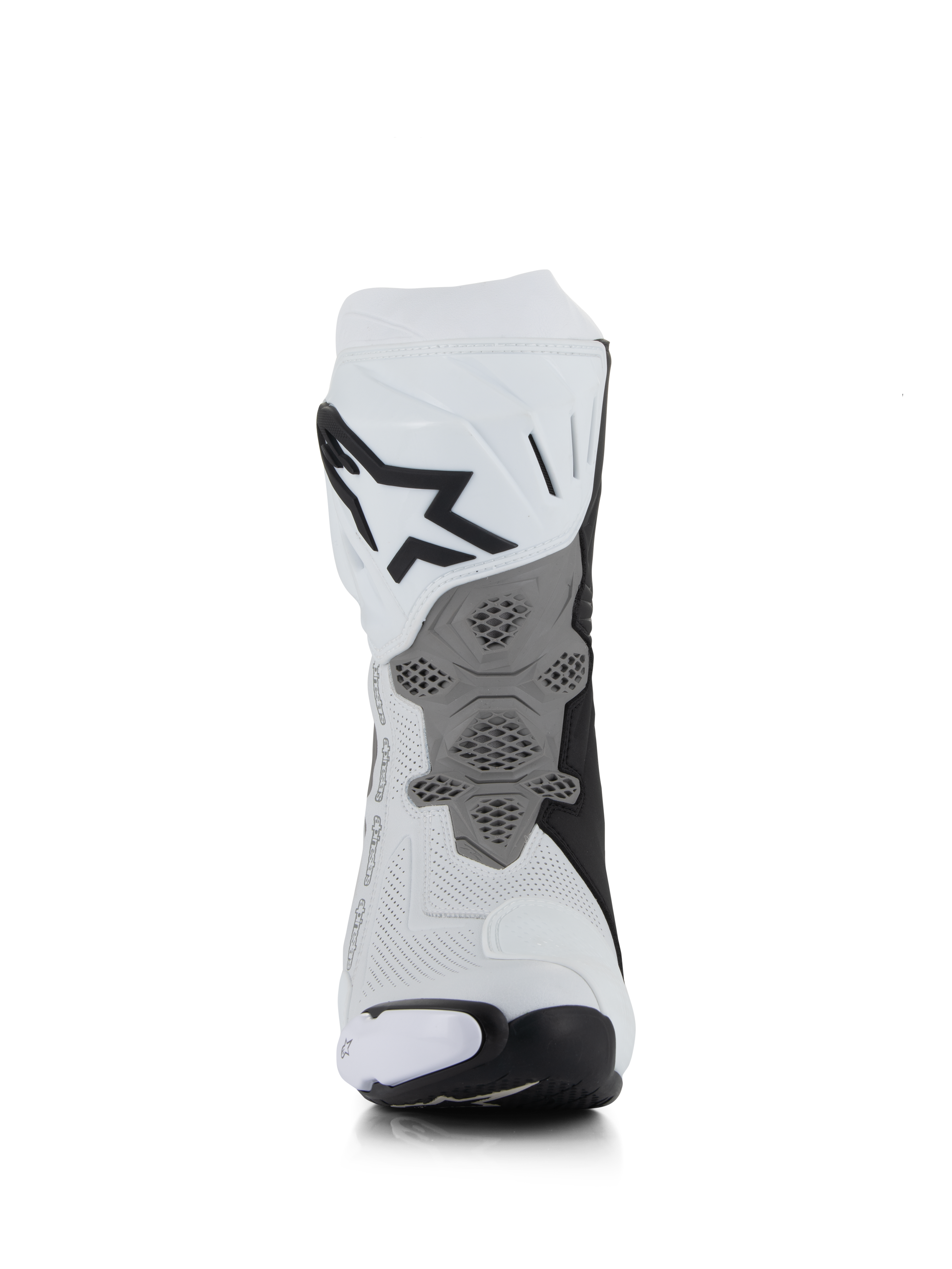 Bottes Alpinestars Supertech R Vented, blanc, gris moyen et noir, vue arrière montrant la construction en microfibre perforée, plaque de talon grise redessinée avec texture en nid d'abeille, logo noir imposant sur le haut du mollet, chaussures de moto professionnelles de course et de sport