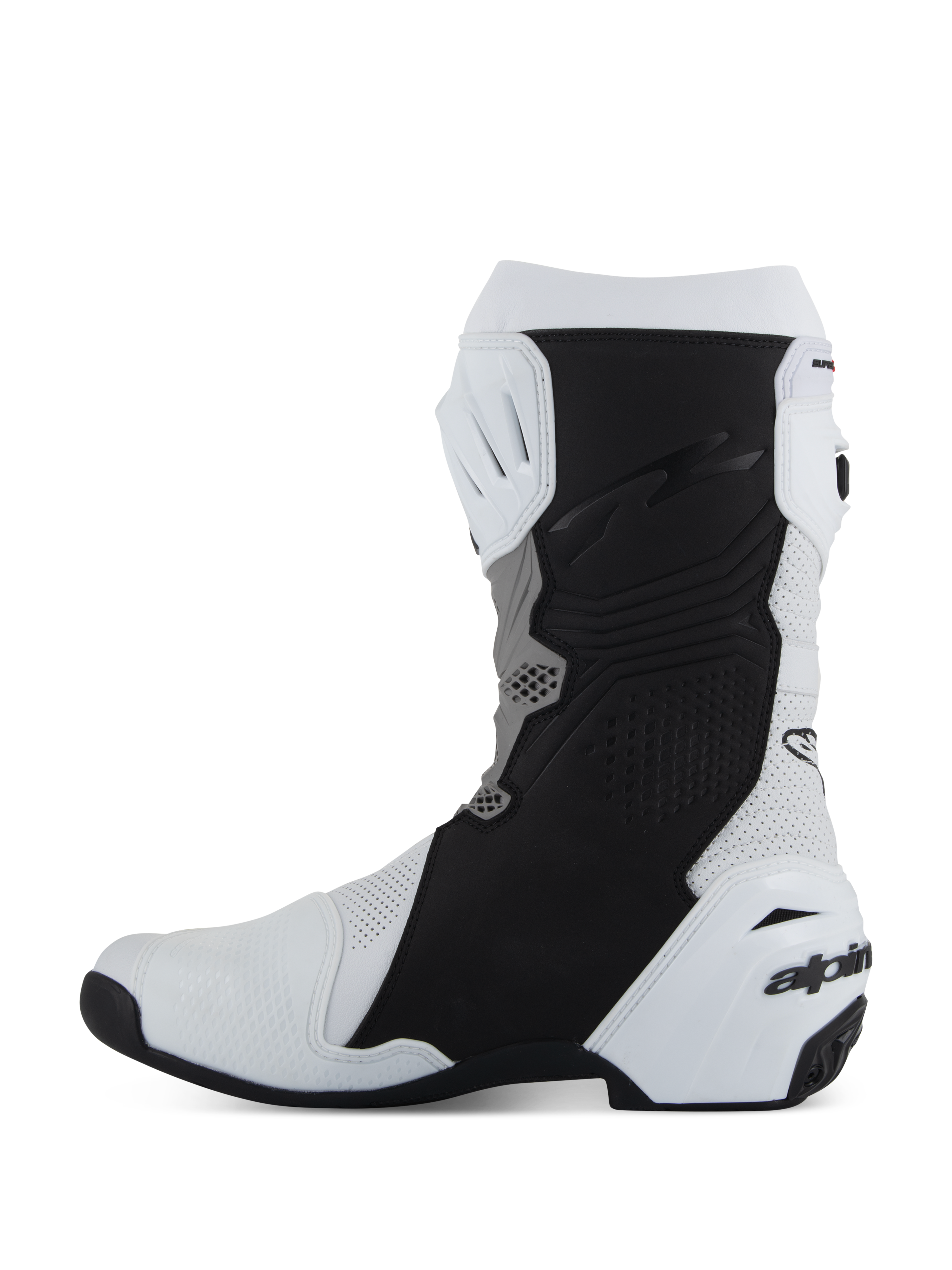 Bottes Alpinestars Supertech R Vented, chaussures de moto racing et sport, blanc, gris moyen et noir, vue de profil du côté médial avec microfibre perforée pour la circulation de l'air, panneaux de protection noirs et contrefort de talon en TPU blanc avec logo