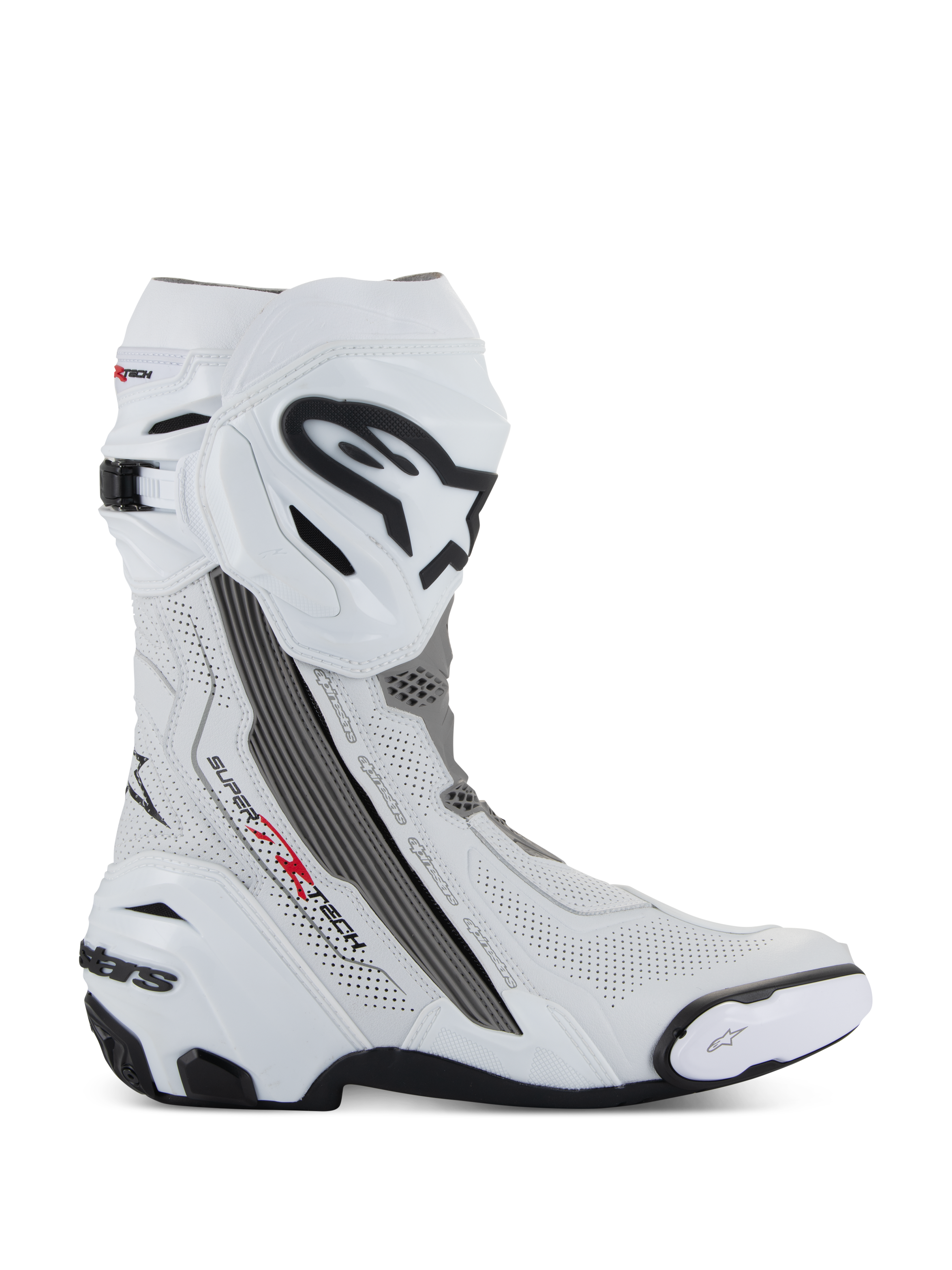 Bottes Alpinestars Supertech R Vented, bottes de course moto, blanches avec des accents gris moyen et noirs, vue de profil montrant les panneaux en microfibre perforés pour la circulation de l'air, grand logo Alpinestars noir et blanc sur le tibia, design aérodynamique avec sliders remplaçables et semelle en caoutchouc noir.