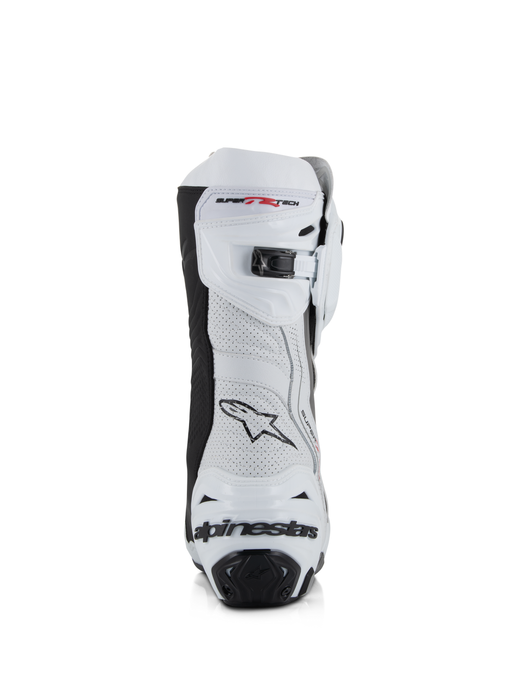 Bottes Alpinestars Supertech R Vented, blanc, gris moyen et noir, vue arrière avec tige en microfibre perforée, fermeture à cliquet micro-ajustable sur le dessus et protection de talon intégrée avec logo Alpinestars