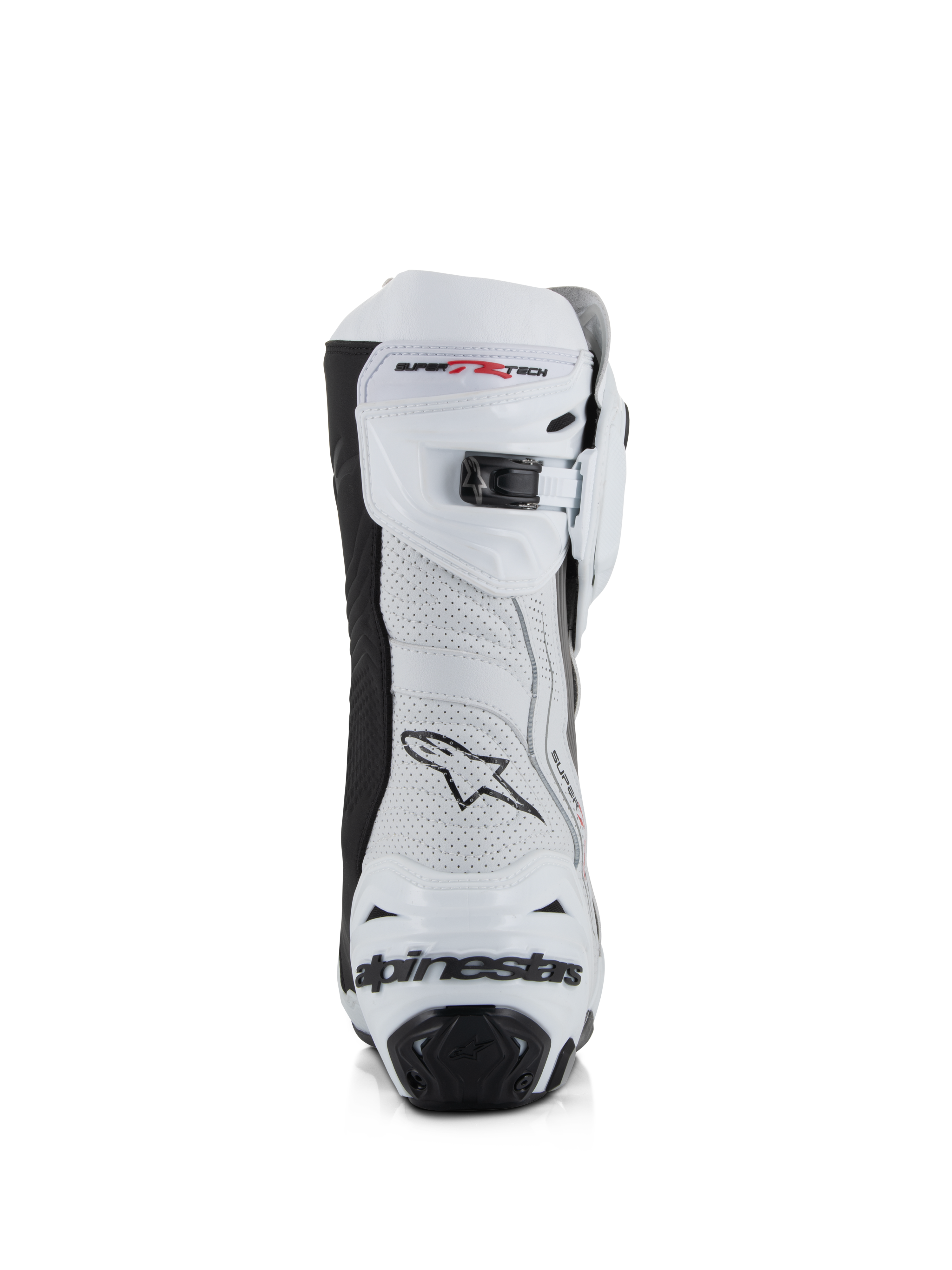 Bottes Alpinestars Supertech R Vented, blanc, gris moyen et noir, vue arrière avec tige en microfibre perforée, fermeture à cliquet micro-ajustable sur le dessus et protection de talon intégrée avec logo Alpinestars