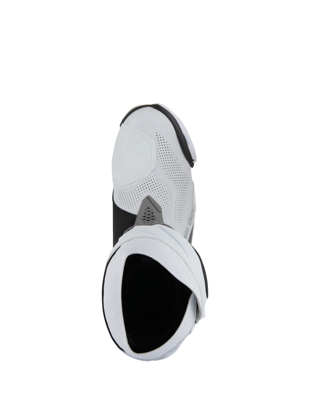 Bottes Alpinestars Supertech R Ventilées, bottes de course moto, blanc, gris moyen et noir, vue de dessus plongeante regardant dans l'ouverture de la botte, avec une construction en microfibre perforée et un design racing épuré