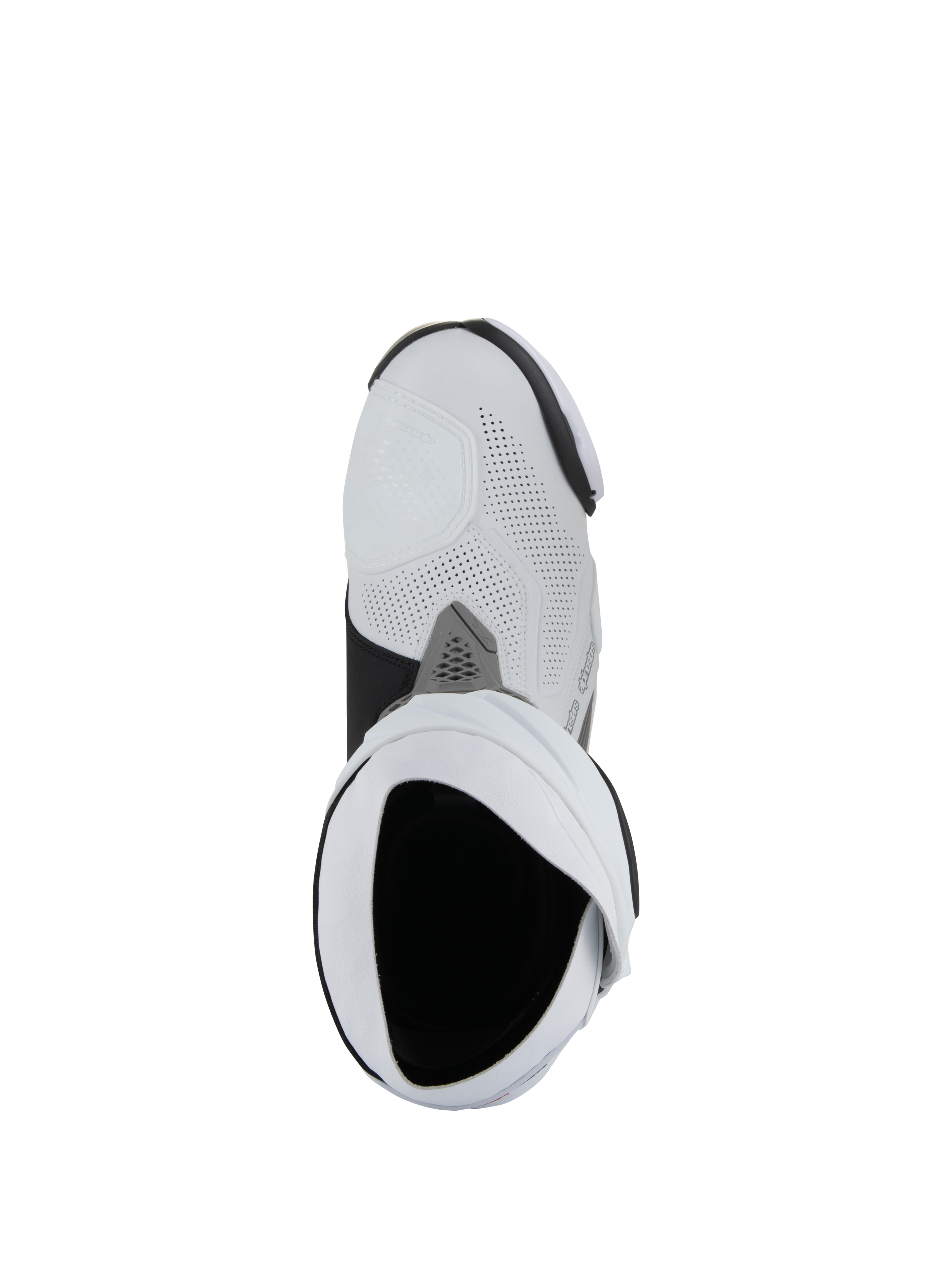 Bottes Alpinestars Supertech R Ventilées, bottes de course moto, blanc, gris moyen et noir, vue de dessus plongeante regardant dans l'ouverture de la botte, avec une construction en microfibre perforée et un design racing épuré