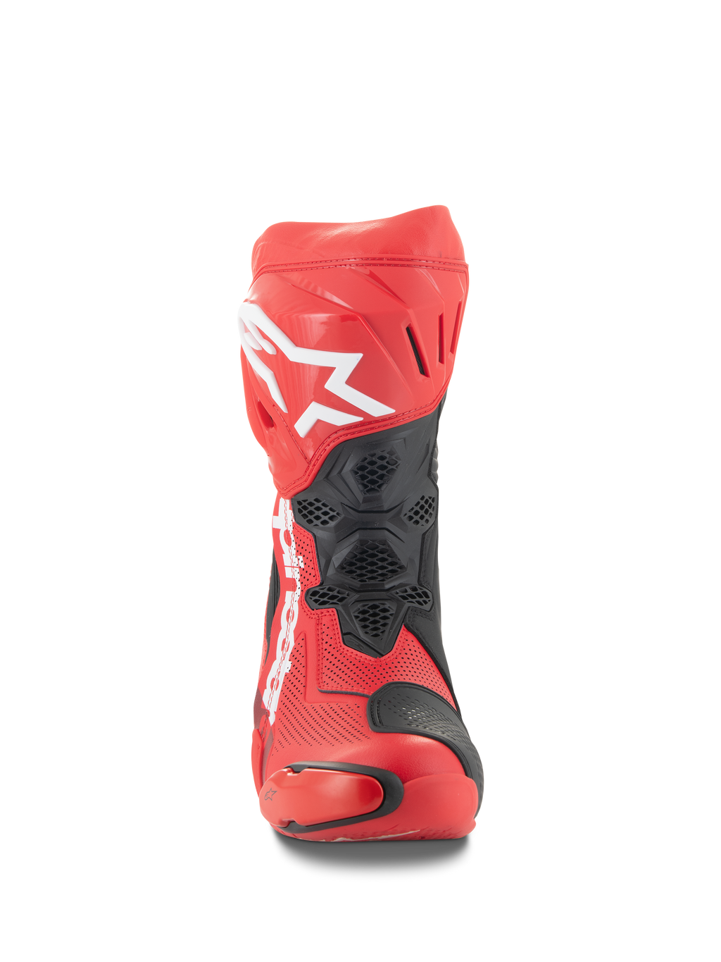 Bottes Alpinestars Supertech R Ventilées, vue de face, rouge vif et rouge fluo avec accents noirs, logo Alpinestars blanc sur le tibia, construction en microfibre perforée pour la circulation de l'air, et panneaux de protection en TPU pour la course