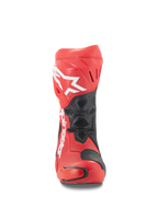 Bottes Alpinestars Supertech R Ventilées, vue de face, rouge vif et rouge fluo avec accents noirs, logo Alpinestars blanc sur le tibia, construction en microfibre perforée pour la circulation de l'air, et panneaux de protection en TPU pour la course