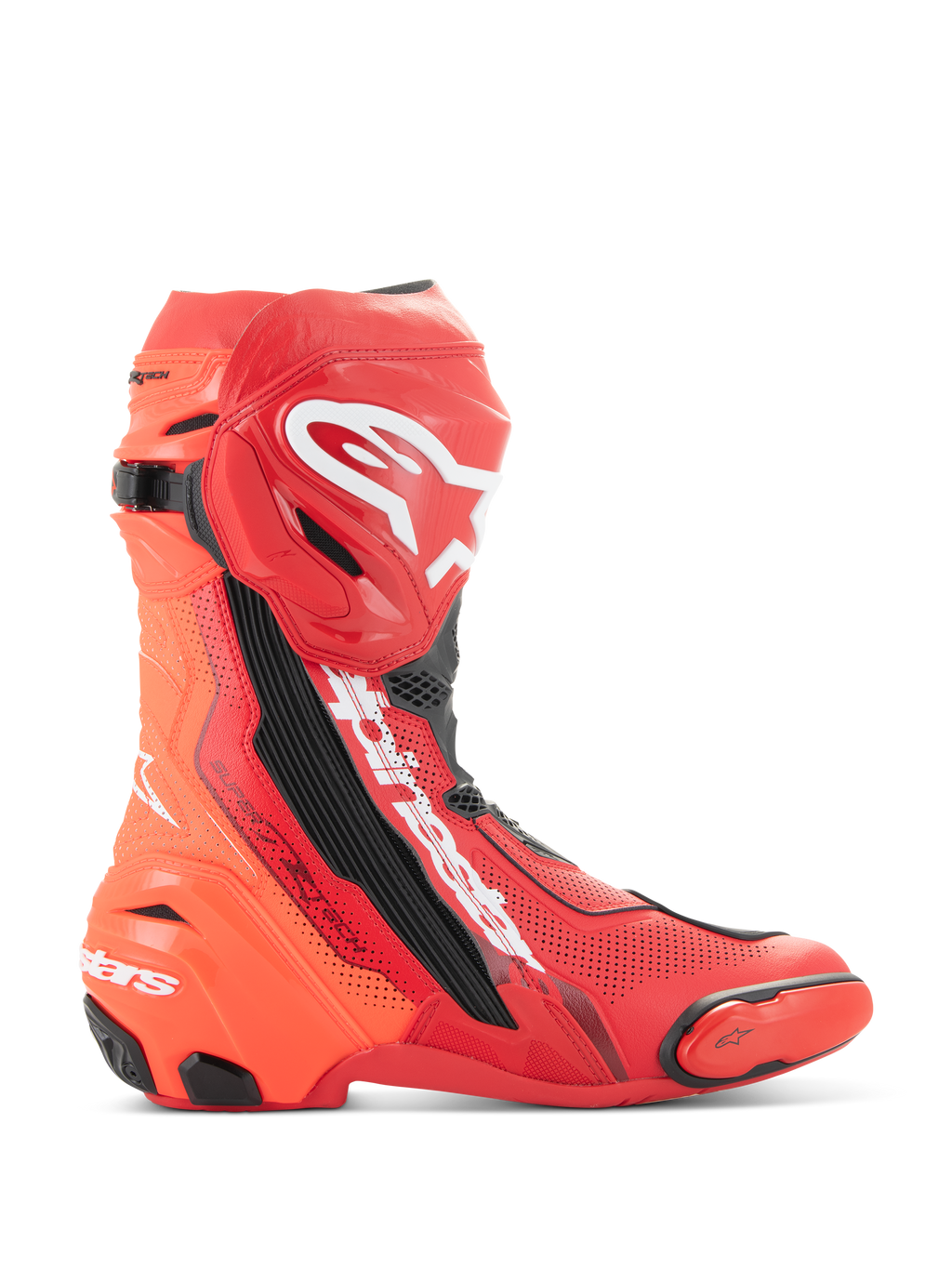 Bottes Alpinestars Supertech R Vented, bottes de moto pour la course, rouge vif et rouge fluo avec accents blancs et noirs, vue de profil montrant des perforations étendues pour la respirabilité, logo Astar blanc sur le tibia, sliders d'orteil et de talon en TPU, chaussures de piste de qualité professionnelle