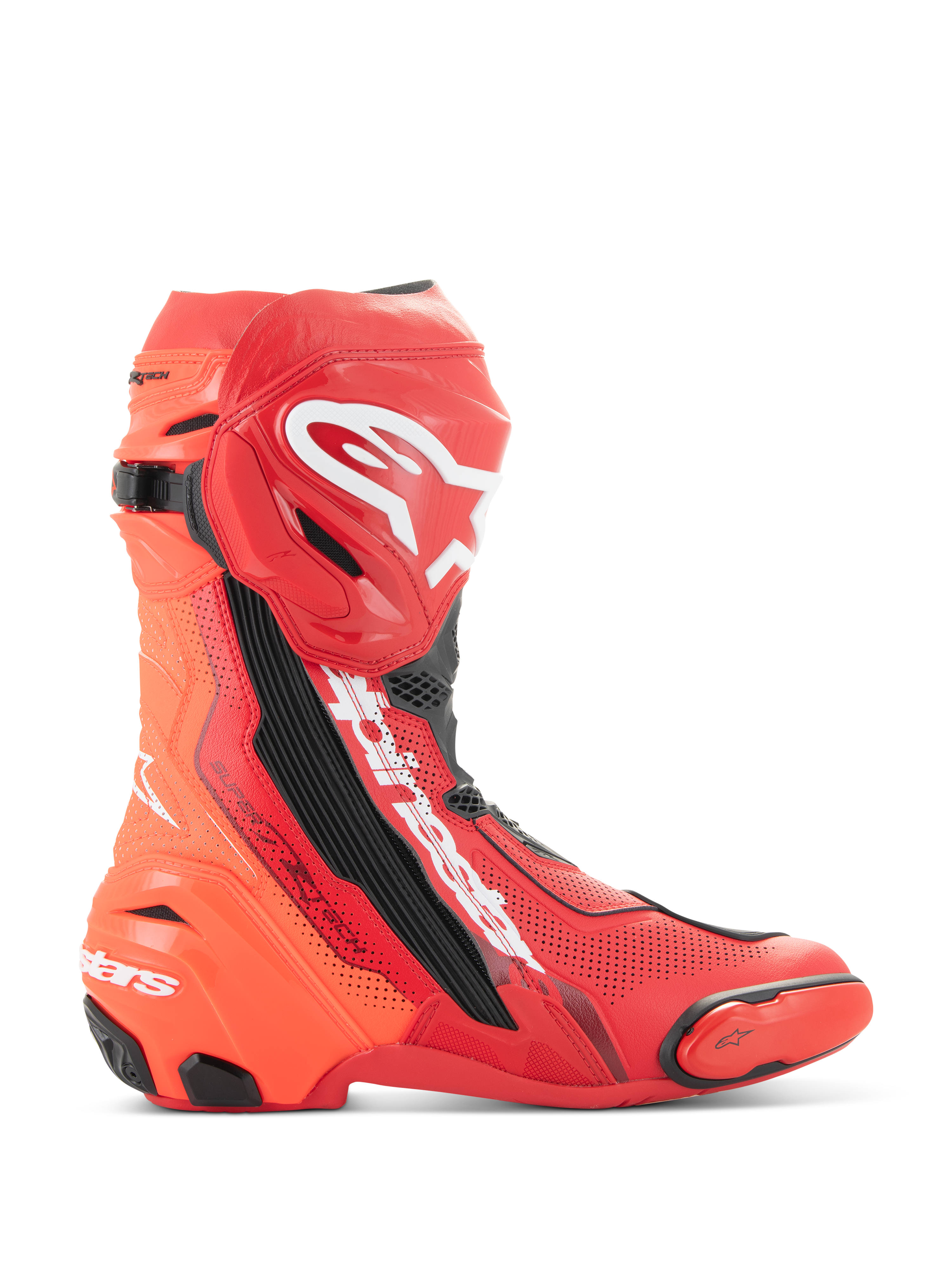 Alpinestars Supertech R Vented motorlaarzen, racingboots voor motorrijden, helderrood en rood fluo met witte en zwarte accenten, zijaanzicht met uitgebreide perforaties voor ademend vermogen, wit Astar-logo op de scheen, TPU teen- en hielsliders, professionele motorlaarzen voor op het circuit
