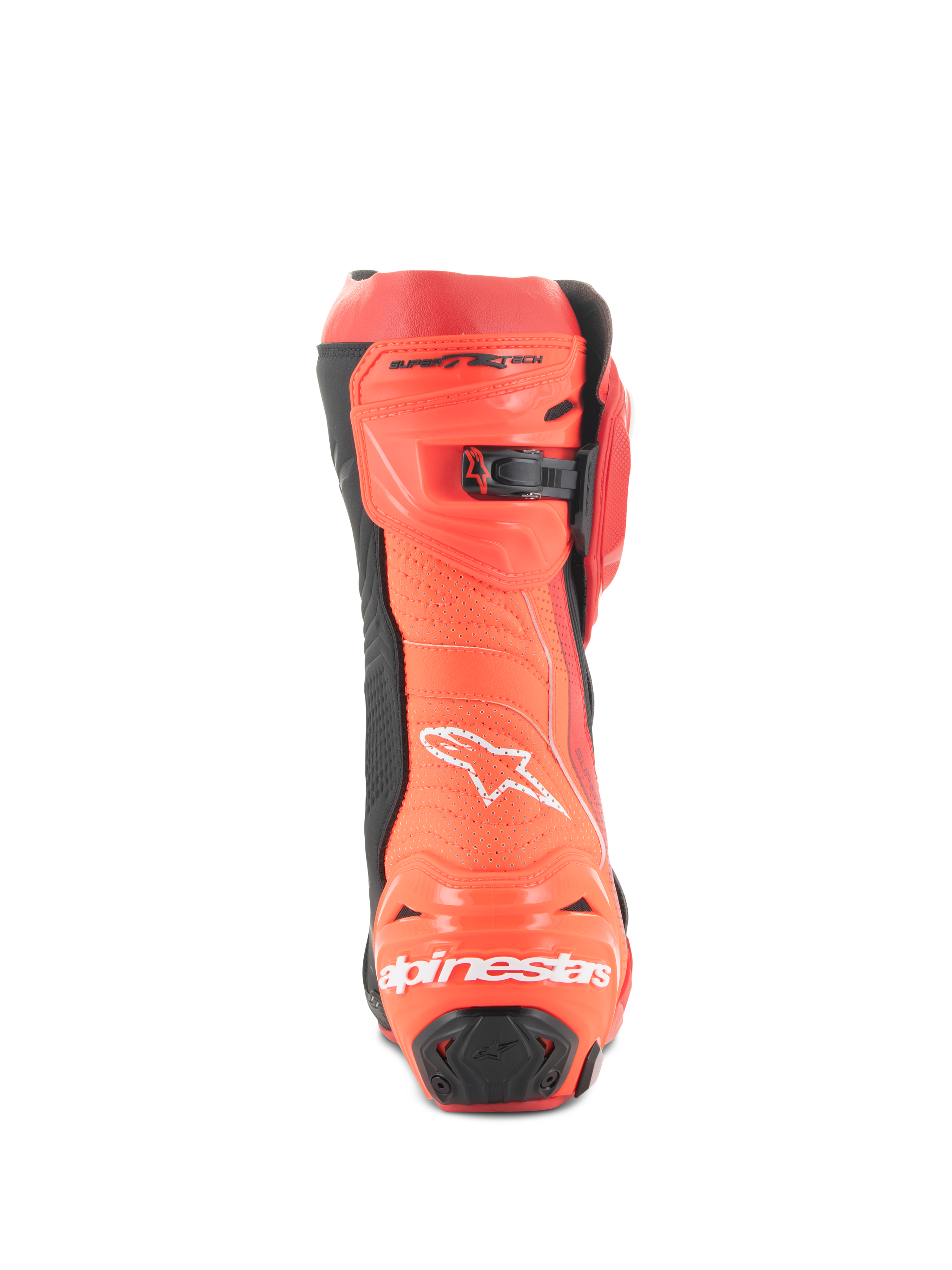 Bottes Alpinestars Supertech R Vented, bottes de moto de course, rouge vif et rouge fluo, vue arrière avec construction perforée pour la ventilation, protections de talon en TPU et logo Alpinestars blanc