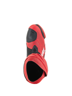 Bottes Alpinestars Supertech R Ventilées, bottes de course, Rouge Vif et Rouge Fluo, vue de dessus montrant l'ouverture de la botte, tige en microfibre perforée avec renfort de sélecteur noir, équipement de course professionnel pour piste et route