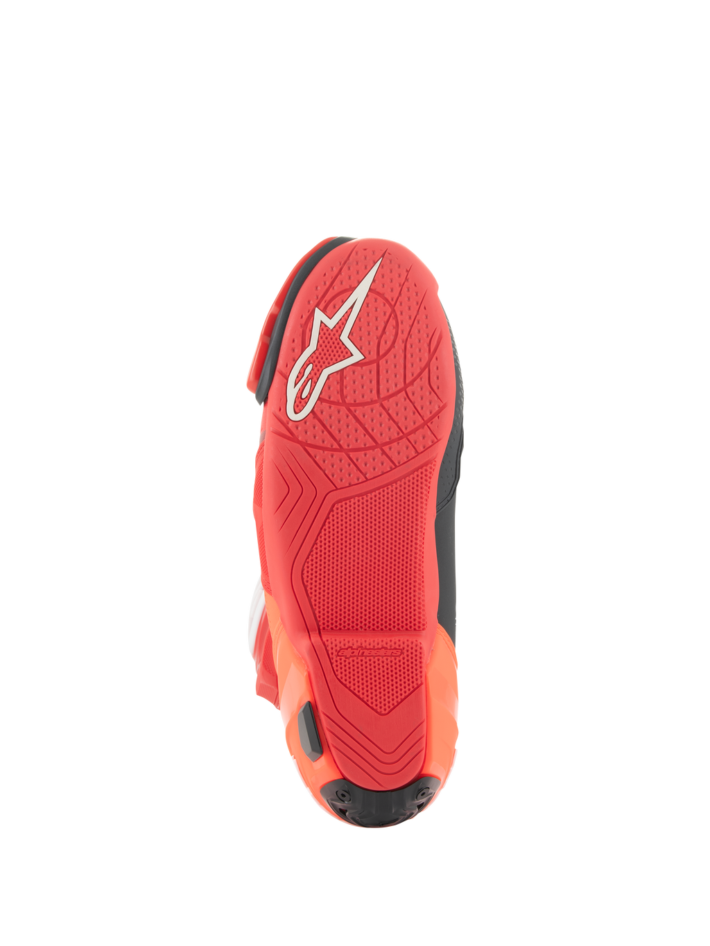 Bottes Alpinestars Supertech R Ventilées, bottes de course, rouge vif et rouge fluo, vue de la semelle présentant un mélange de caoutchouc léger, logo Alpinestars blanc et motif d'adhérence texturé pour les repose-pieds de moto.