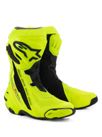 Alpinestars Supertech R Vented Boots, bottes de moto de course, jaune fluo et noir, avec perforations étendues pour la circulation de l'air, plaque de tibia et protections de talon en TPU noir, profil aérodynamique épuré pour une utilisation haute performance sur piste et sur route.