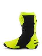 Bottes Alpinestars Supertech R Ventilées, bottes de moto de course professionnelles, jaune fluo et noir, vue de profil du côté médial, construction en microfibre perforée pour une circulation d'air optimale, plaques de protection du tibia et du talon en TPU, design aérodynamique pour la conduite sur piste
