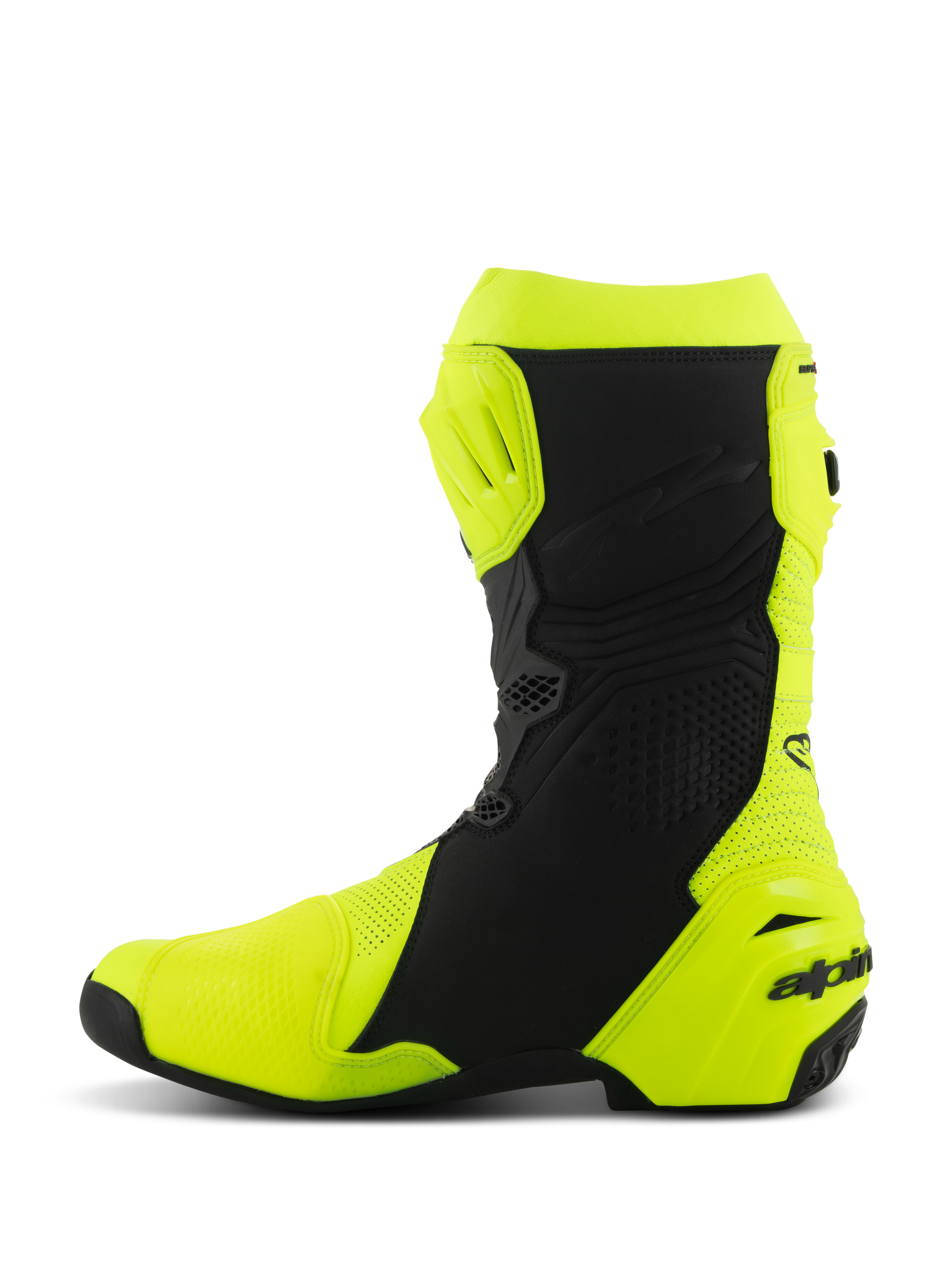 Bottes Alpinestars Supertech R Ventilées, bottes de moto de course professionnelles, jaune fluo et noir, vue de profil du côté médial, construction en microfibre perforée pour une circulation d'air optimale, plaques de protection du tibia et du talon en TPU, design aérodynamique pour la conduite sur piste