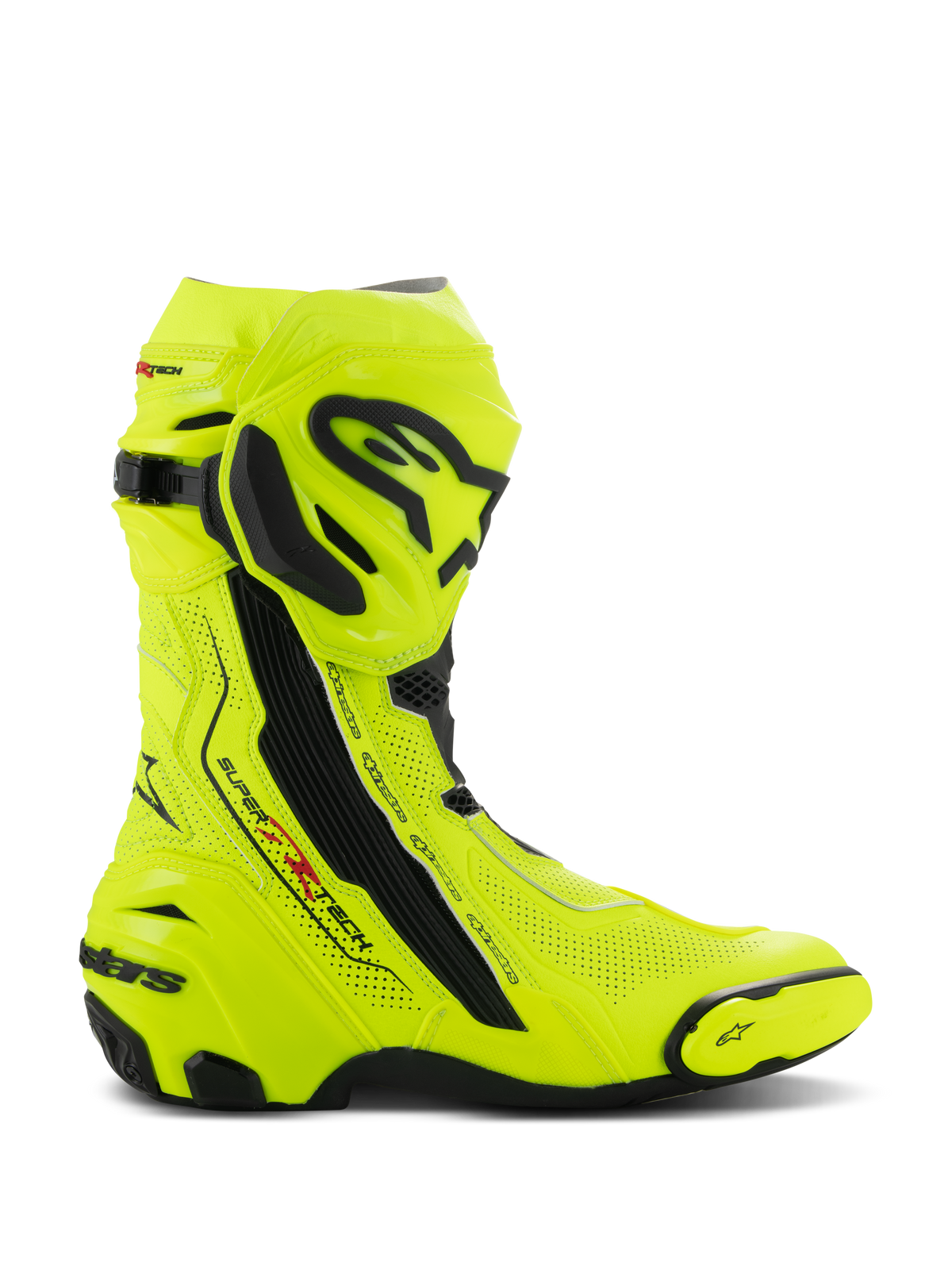 Alpinestars Supertech R Vented motorlaarzen, racing motorlaarzen, fluorgeel en zwart, bovenwerk van lasergeperforeerd microvezel voor ventilatie, TPU-scheenplaat en vervangbare teenslider, aerodynamisch ontwerp met opvallende branding