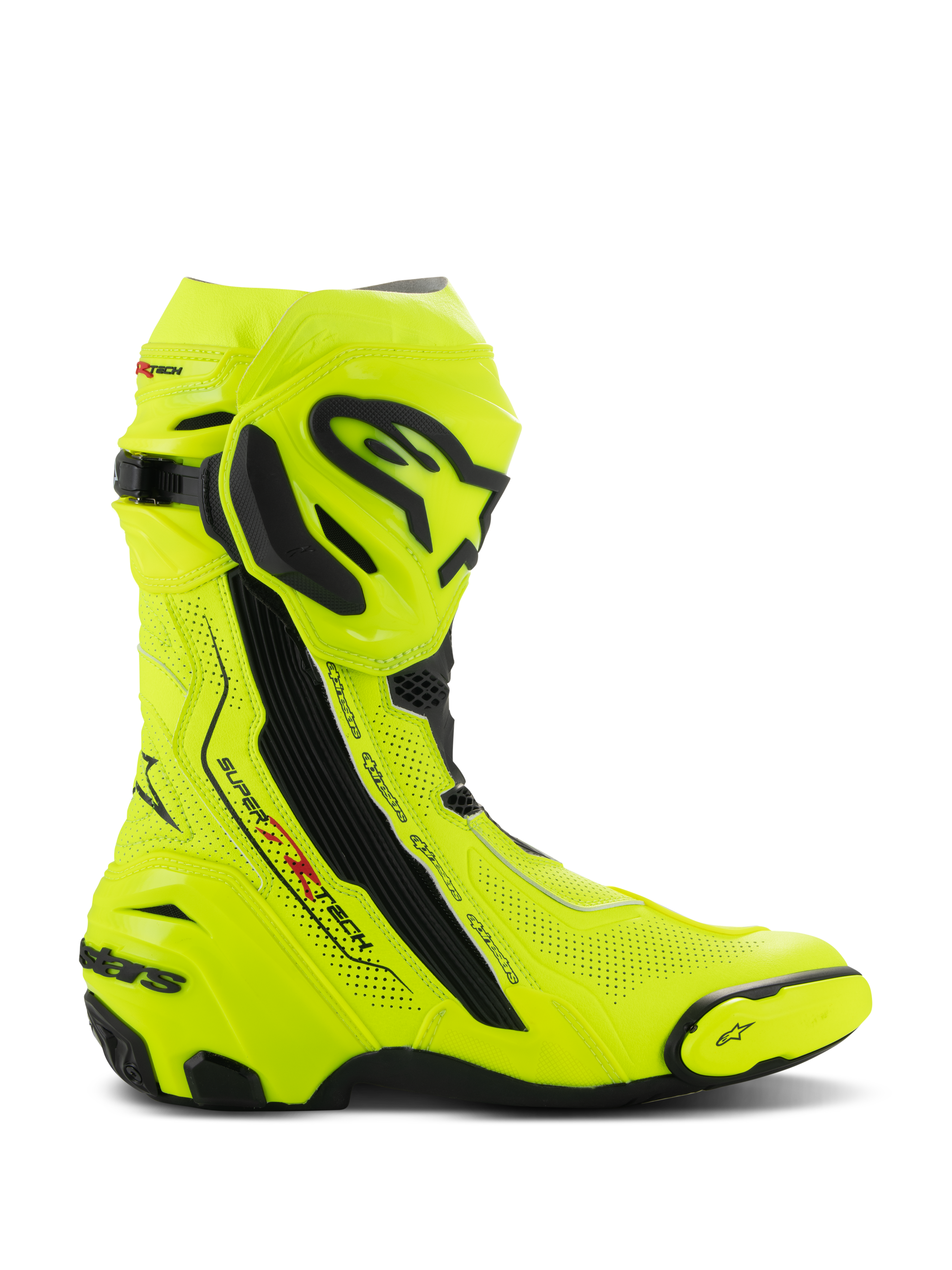 Bottes Alpinestars Supertech R Vented, bottes de course moto, jaune fluo et noir, tige en microfibre perforée au laser pour la ventilation, plaque de tibia en TPU et slider d'orteil remplaçable, design aérodynamique avec logos distinctifs