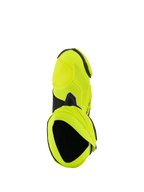 Alpinestars Supertech R Vented Boots, bottes de moto de course, jaune fluo et noir, vue de dessus montrant d'importantes perforations laser et l'ouverture du chausson interne