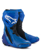 Bottes Alpinestars Supertech R Ventilées, bottes de course moto, bleu et noir, dotées de microfibre perforée pour la circulation de l'air, logo Alpinestars blanc sur le tibia, plaques et sliders de protection en TPU, conception professionnelle pour la piste