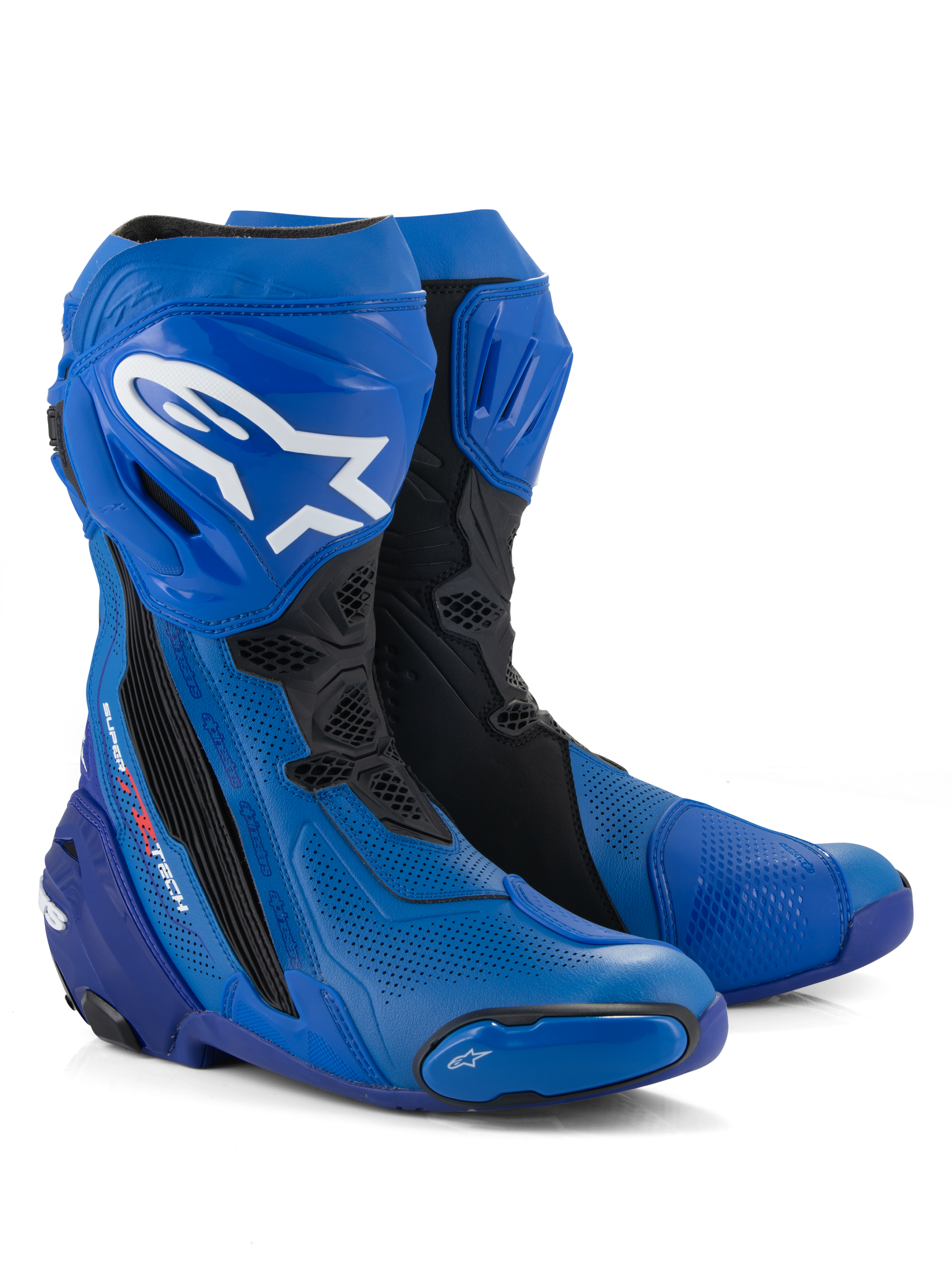 Bottes Alpinestars Supertech R Ventilées, bottes de course moto, bleu et noir, dotées de microfibre perforée pour la circulation de l'air, logo Alpinestars blanc sur le tibia, plaques et sliders de protection en TPU, conception professionnelle pour la piste