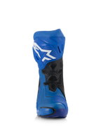 Bottes Alpinestars Supertech R Ventilées, bottes de moto de course bleues et noires, vue de face, tige en microfibre perforée, logo Astar blanc sur la plaque de tibia, panneaux en maille ventilée et sliders de protection