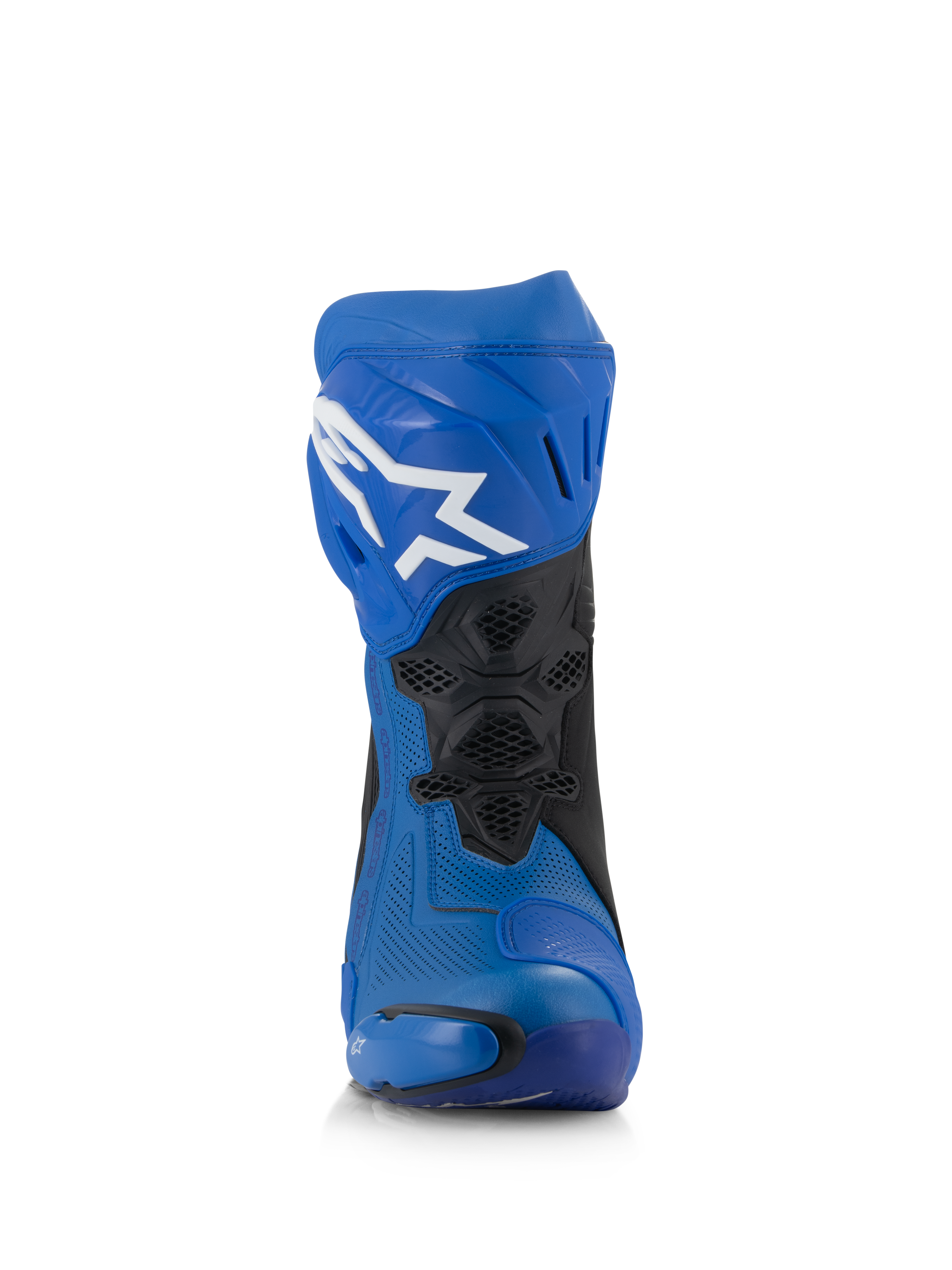 Bottes Alpinestars Supertech R Ventilées, bottes de moto de course bleues et noires, vue de face, tige en microfibre perforée, logo Astar blanc sur la plaque de tibia, panneaux en maille ventilée et sliders de protection