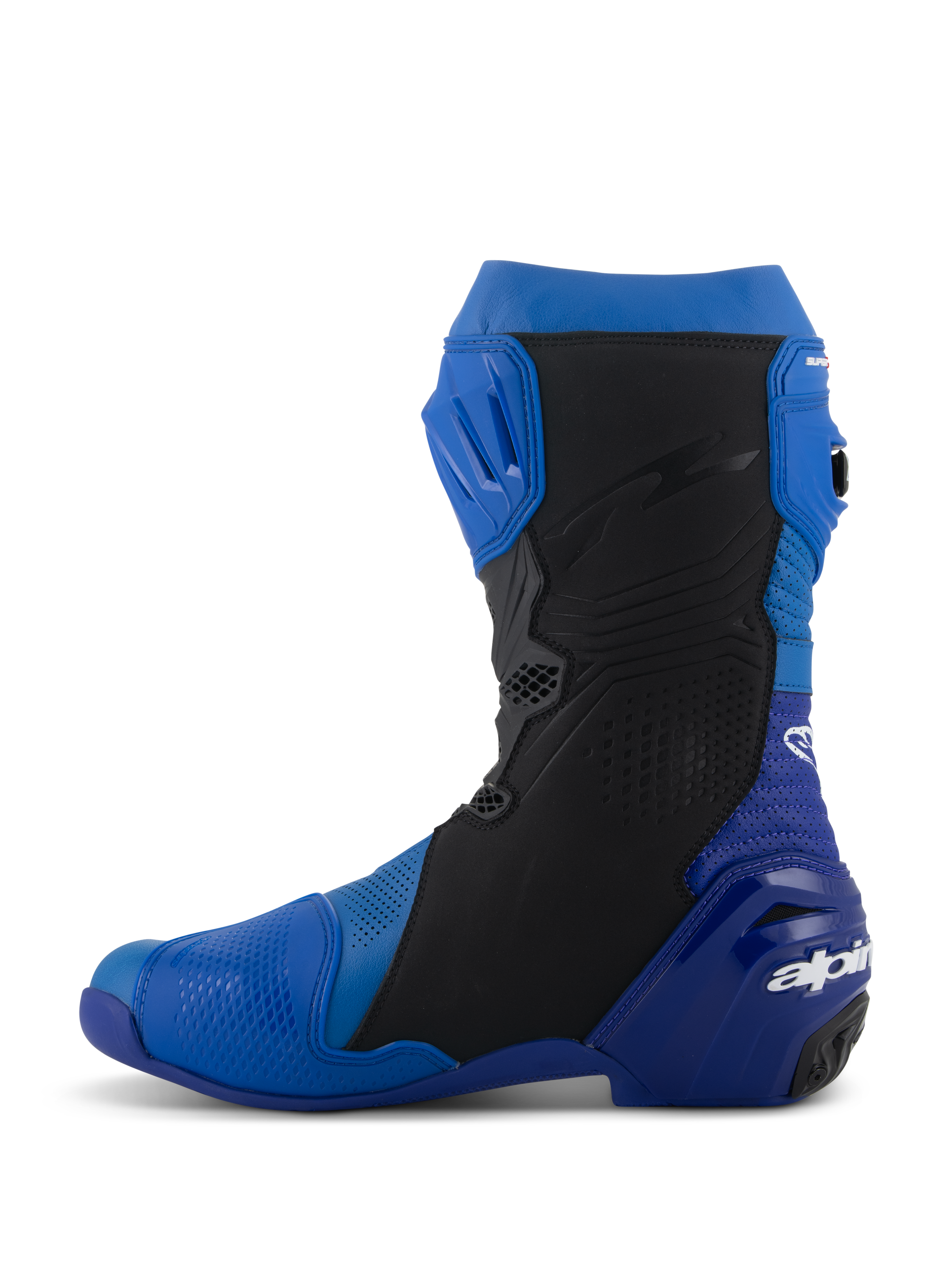 Bottes Alpinestars Supertech R Vented, bleu et noir, vue de profil, bottes de moto de course haute performance avec microfibre perforée pour la ventilation, plaque de tibia en TPU et logo Alpinestars sur le talon
