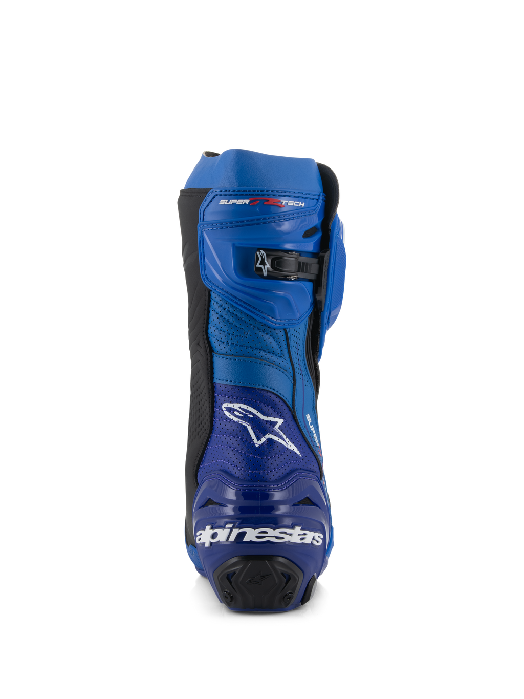 Bottes Alpinestars Supertech R Vented, bottes de moto de course, bleu et noir, vue arrière présentant le logo et le texte Alpinestars sur le talon, des panneaux en microfibre perforée et une fermeture à cliquet micro-ajustable sur le dessus