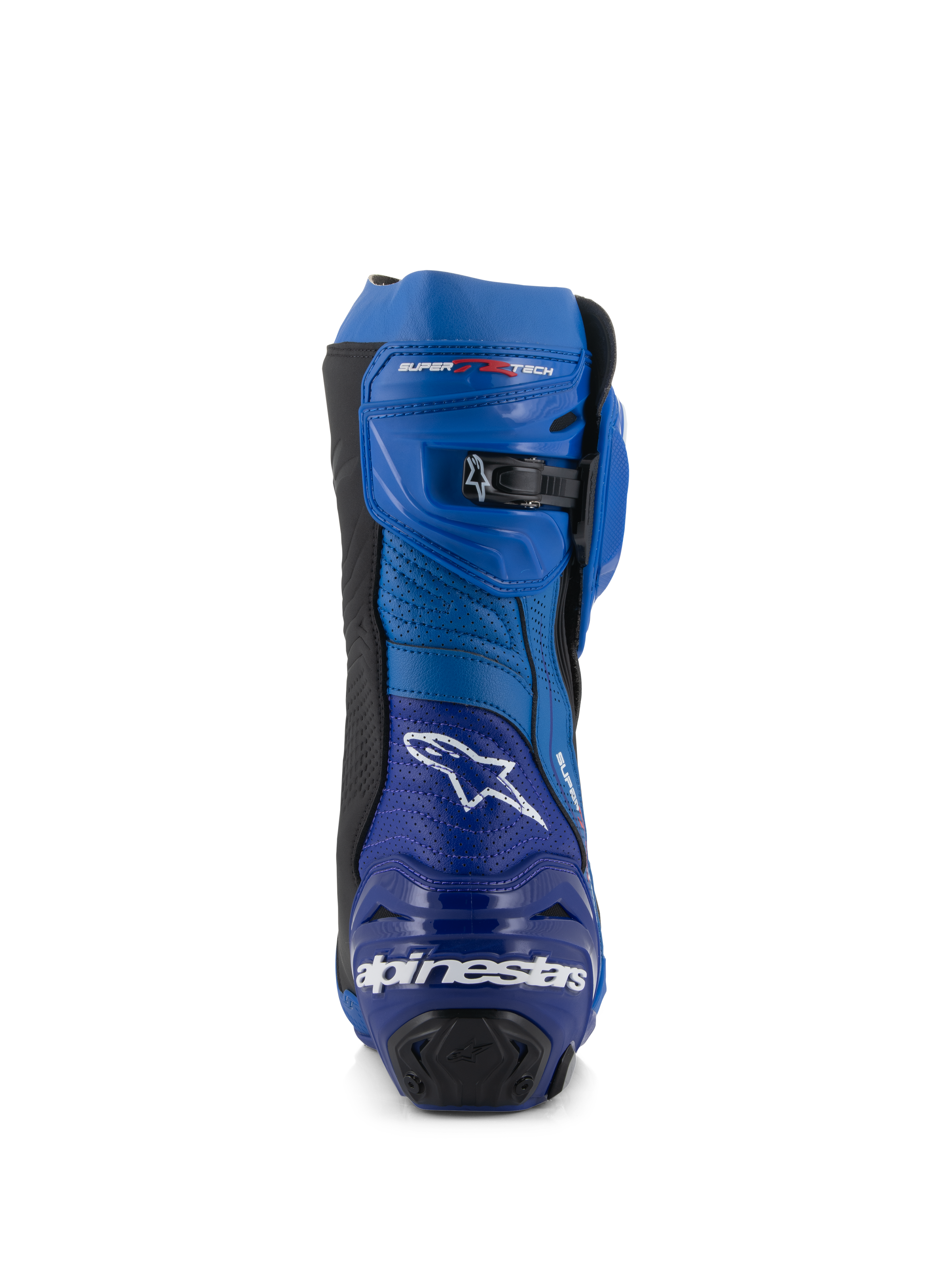 Bottes Alpinestars Supertech R Vented, bottes de moto de course, bleu et noir, vue arrière présentant le logo et le texte Alpinestars sur le talon, des panneaux en microfibre perforée et une fermeture à cliquet micro-ajustable sur le dessus
