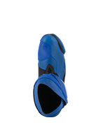 Bottes Alpinestars Supertech R Vented, bottes de moto de course, bleu et noir, vue de dessus montrant l'entrée et la tige en microfibre perforée, chaussures de sport mécanique haute performance avec design ventilé