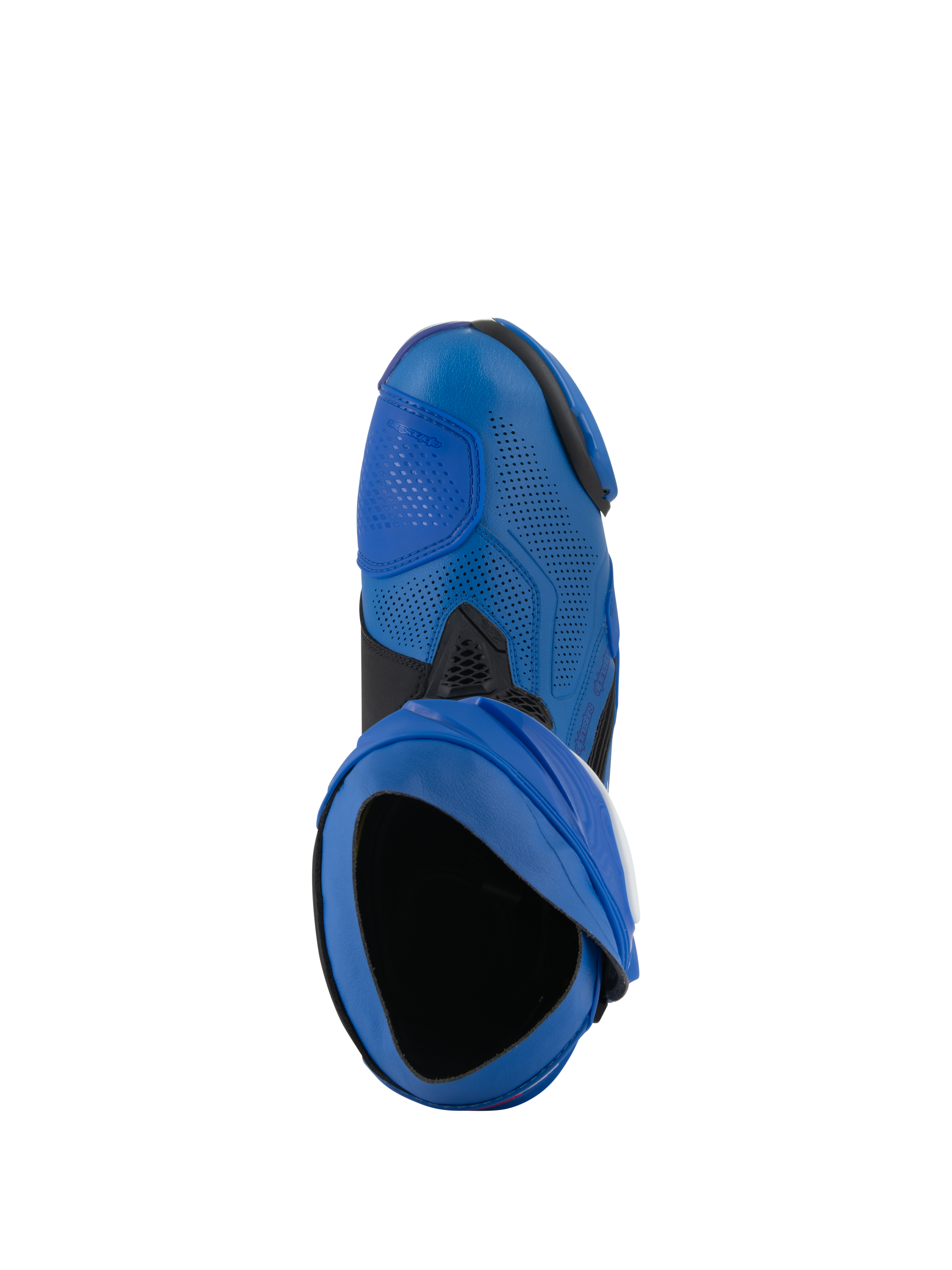 Bottes Alpinestars Supertech R Vented, bottes de moto de course, bleu et noir, vue de dessus montrant l'entrée et la tige en microfibre perforée, chaussures de sport mécanique haute performance avec design ventilé