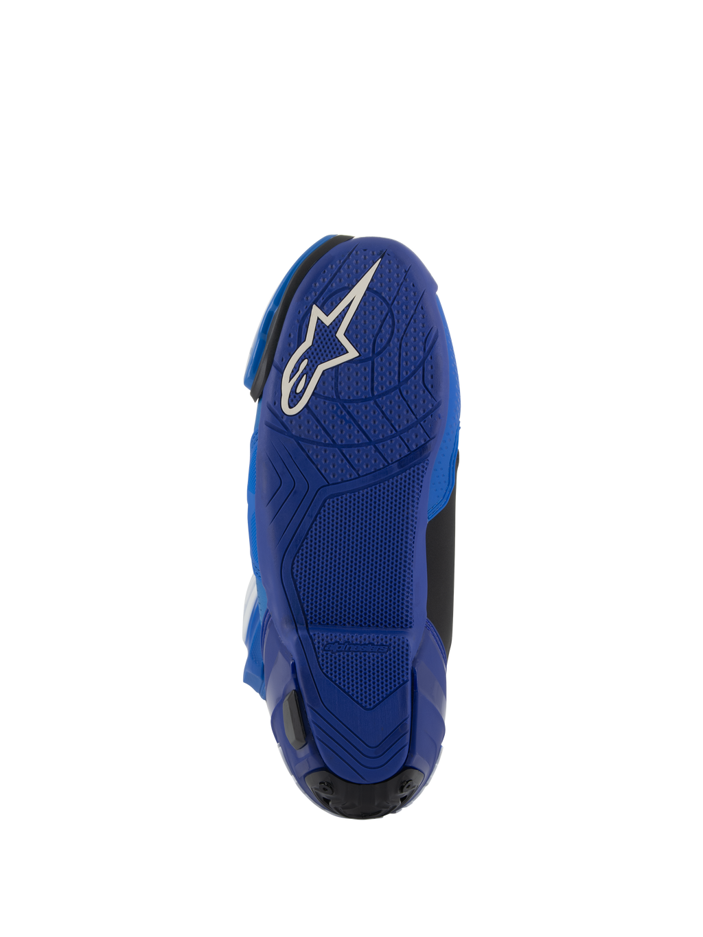 Bottes Alpinestars Supertech R Vented, bleu et noir, vue de dessous de la semelle en caoutchouc bleu avec un logo Astars blanc, motifs d'adhérence texturés pour le contrôle des repose-pieds, chaussures de course moto haute performance.