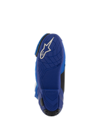 Bottes Alpinestars Supertech R Vented, bleu et noir, vue de dessous de la semelle en caoutchouc bleu avec un logo Astars blanc, motifs d'adhérence texturés pour le contrôle des repose-pieds, chaussures de course moto haute performance.
