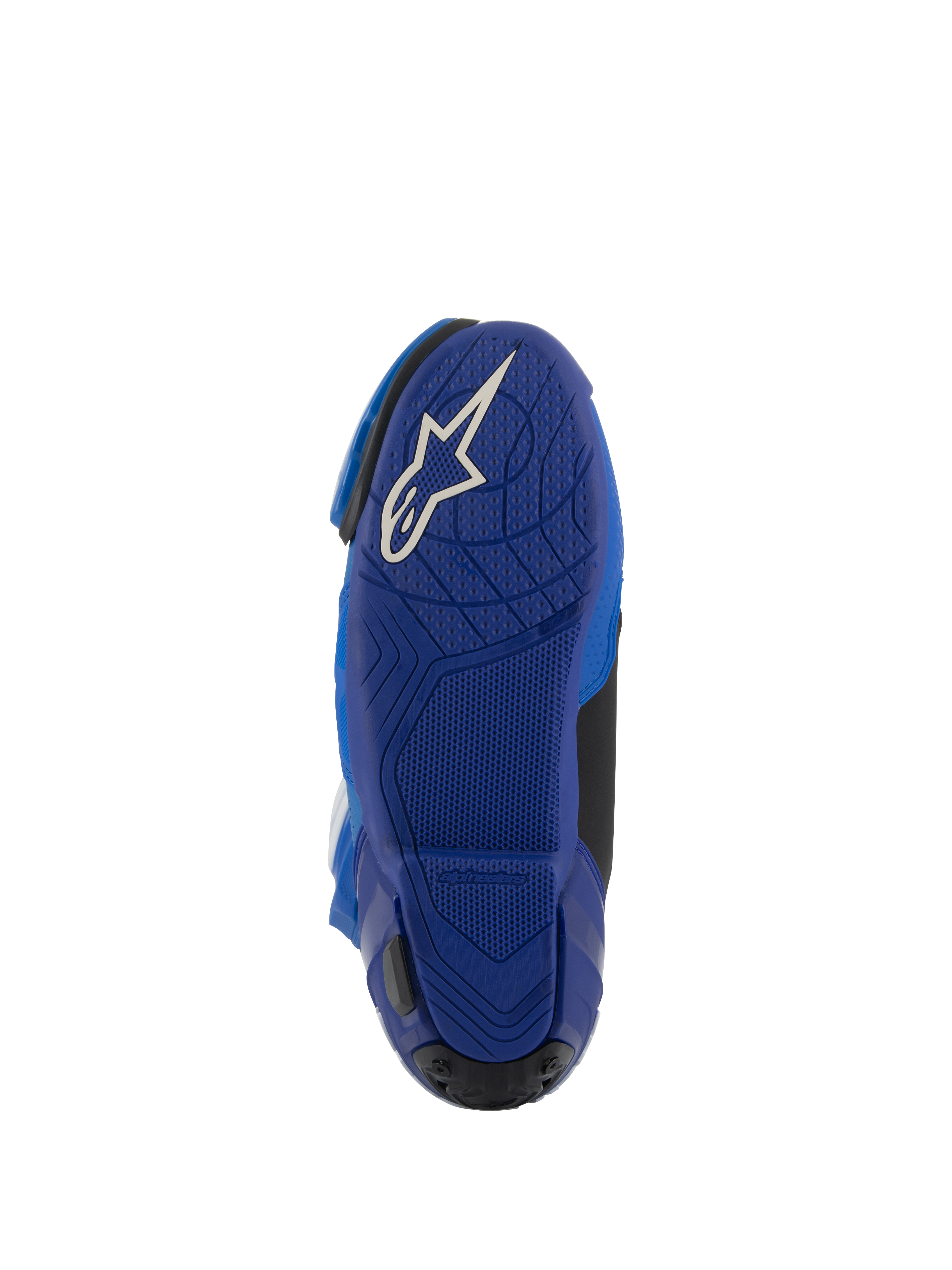 Bottes Alpinestars Supertech R Vented, bleu et noir, vue de dessous de la semelle en caoutchouc bleu avec un logo Astars blanc, motifs d'adhérence texturés pour le contrôle des repose-pieds, chaussures de course moto haute performance.