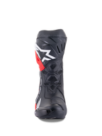 Alpinestars Honda Supertech R laarzen, motorlaarzen, zwart met rode en witte accenten, vooraanzicht met honingraat mesh ventilatie, groot wit logo op de scheen en hoogwaardige microvezelconstructie