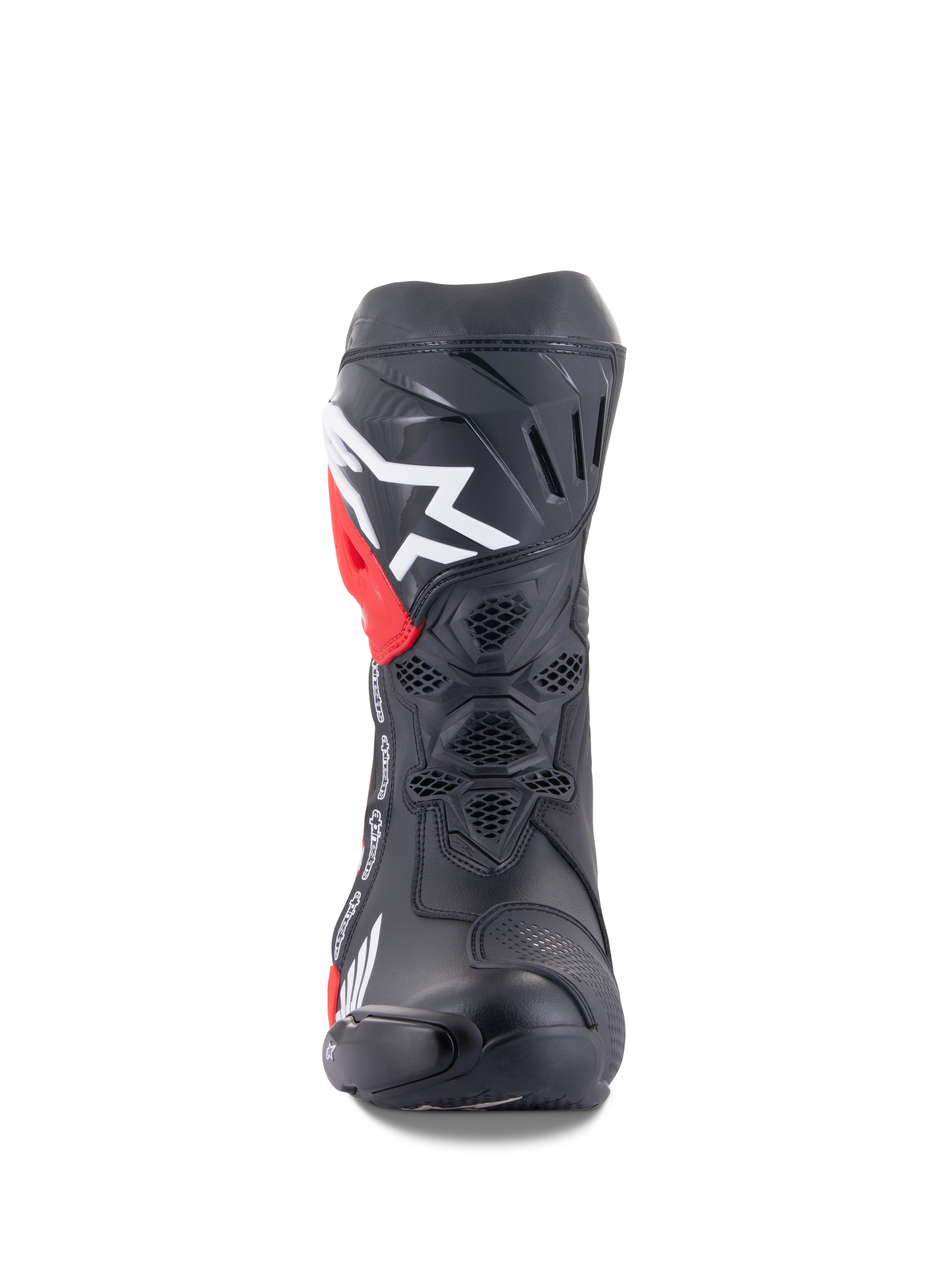 Alpinestars Honda Supertech R laarzen, motorlaarzen, zwart met rode en witte accenten, vooraanzicht met honingraat mesh ventilatie, groot wit logo op de scheen en hoogwaardige microvezelconstructie