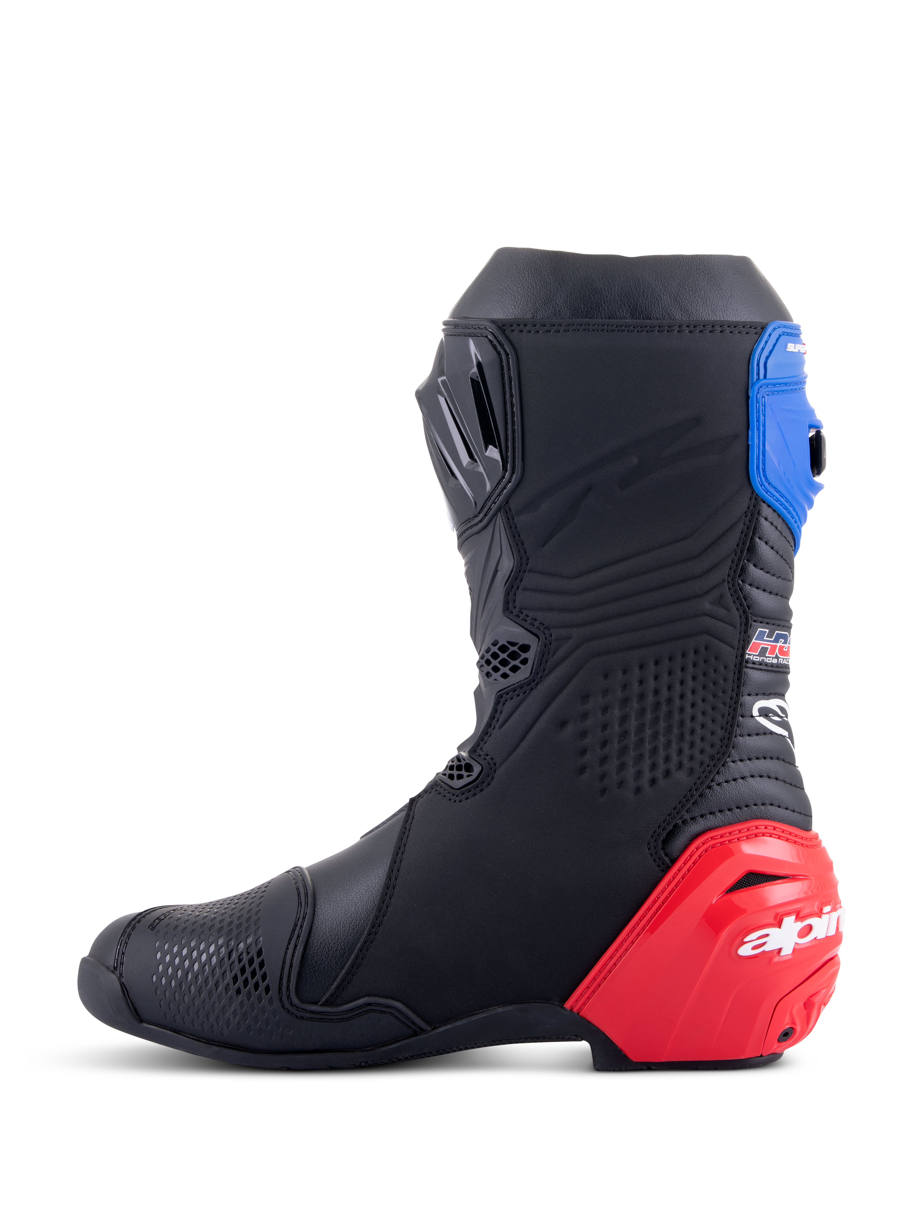 Alpinestars Honda Supertech R laarzen, motor-racelaarzen, zwart met felrode en blauwe accenten, met een opvallende rode TPU-hielslider, blauwe gaiter en Alpinestars-branding, technisch ontwerp voor professionele circuit- en wegprestaties.