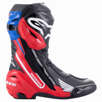 Alpinestars Honda Supertech R laarzen, professionele motorracelaarzen, zwart felrood blauw, zijprofiel met prominente witte Honda- en Alpinestars-branding, TPU-beschermende scheenplaat en vervangbare teen- en hielsliders.