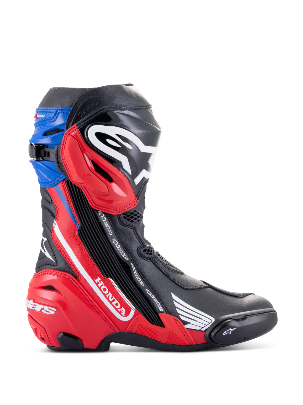 Alpinestars Honda Supertech R laarzen, race-motorlaarzen, zwart met felrood en blauw, voorzien van wit Honda-logo op het rode zijpaneel, Alpinestars-logo op de scheenplaat, blauwe bovenste gaiter, gestroomlijnd aerodynamisch ontwerp met geavanceerde TPU-bescherming