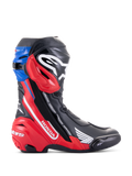 Alpinestars Honda Supertech R laarzen, race-motorlaarzen, zwart met felrood en blauw, voorzien van wit Honda-logo op het rode zijpaneel, Alpinestars-logo op de scheenplaat, blauwe bovenste gaiter, gestroomlijnd aerodynamisch ontwerp met geavanceerde TPU-bescherming