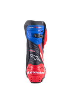 Alpinestars Honda Supertech R laarzen, motorracerlaarzen, zwart met felrood en blauw, achteraanzicht met rode versterkte hiel met witte branding, blauwe bovenste gaiter met micro-verstelbare ratelsluiting en HRC-logo op de achterzijde