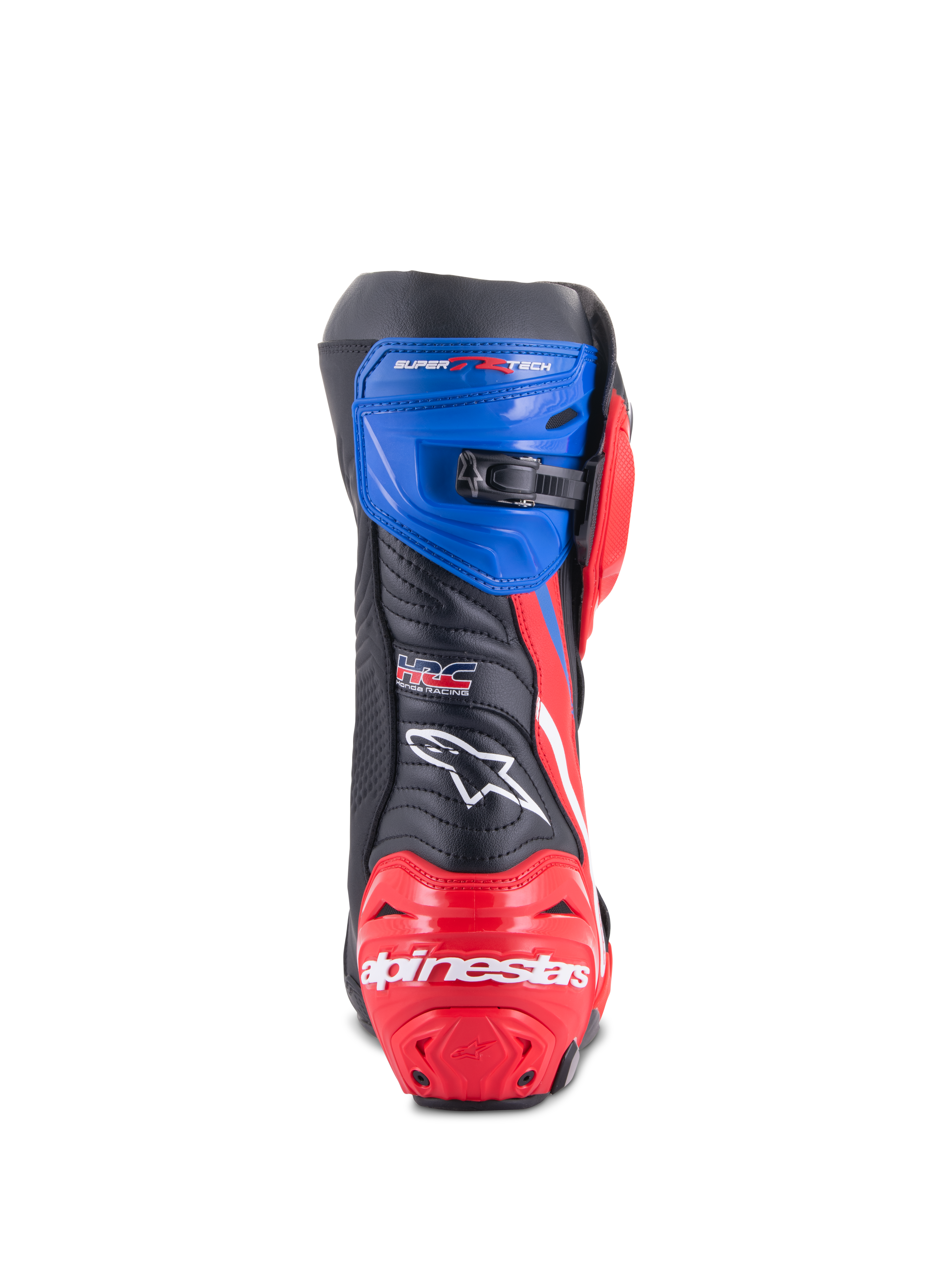 Alpinestars Honda Supertech R laarzen, motorracerlaarzen, zwart met felrood en blauw, achteraanzicht met rode versterkte hiel met witte branding, blauwe bovenste gaiter met micro-verstelbare ratelsluiting en HRC-logo op de achterzijde