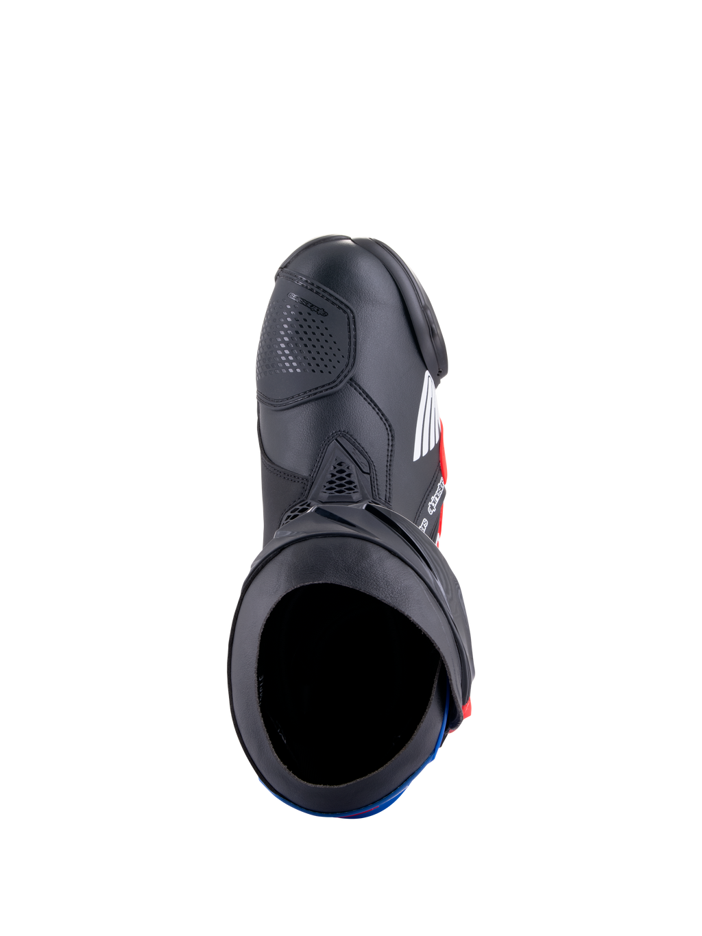 Alpinestars Honda Supertech R laarzen, motorrace-laarzen, zwart met felrood en blauw, bovenaanzicht met de laarsopening en microvezelconstructie, voorzien van beschermende TPU-platen en een gestroomlijnd race-ontwerp