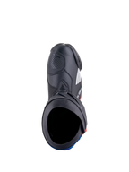 Alpinestars Honda Supertech R laarzen, motorrace-laarzen, zwart met felrood en blauw, bovenaanzicht met de laarsopening en microvezelconstructie, voorzien van beschermende TPU-platen en een gestroomlijnd race-ontwerp