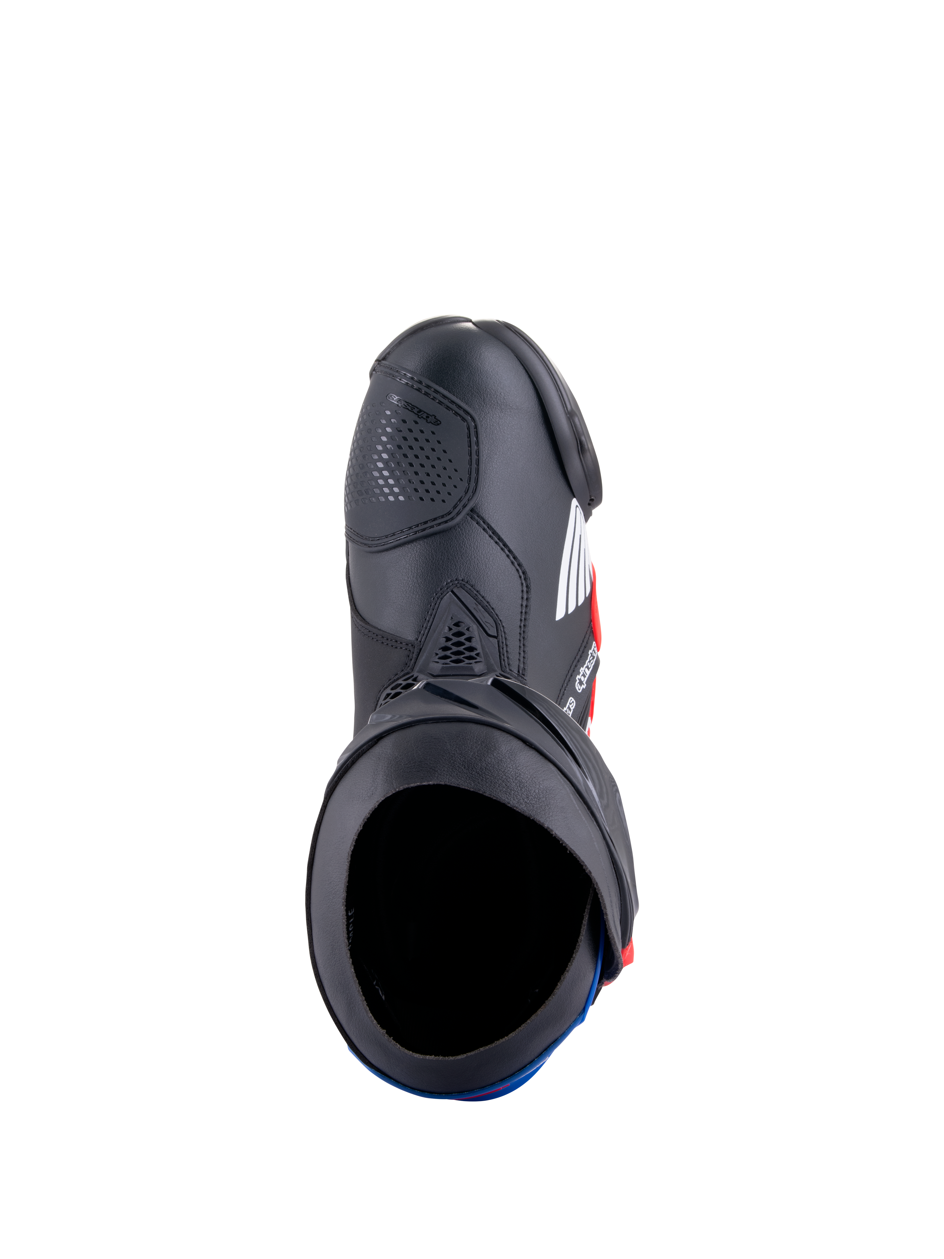Alpinestars Honda Supertech R laarzen, motorrace-laarzen, zwart met felrood en blauw, bovenaanzicht met de laarsopening en microvezelconstructie, voorzien van beschermende TPU-platen en een gestroomlijnd race-ontwerp
